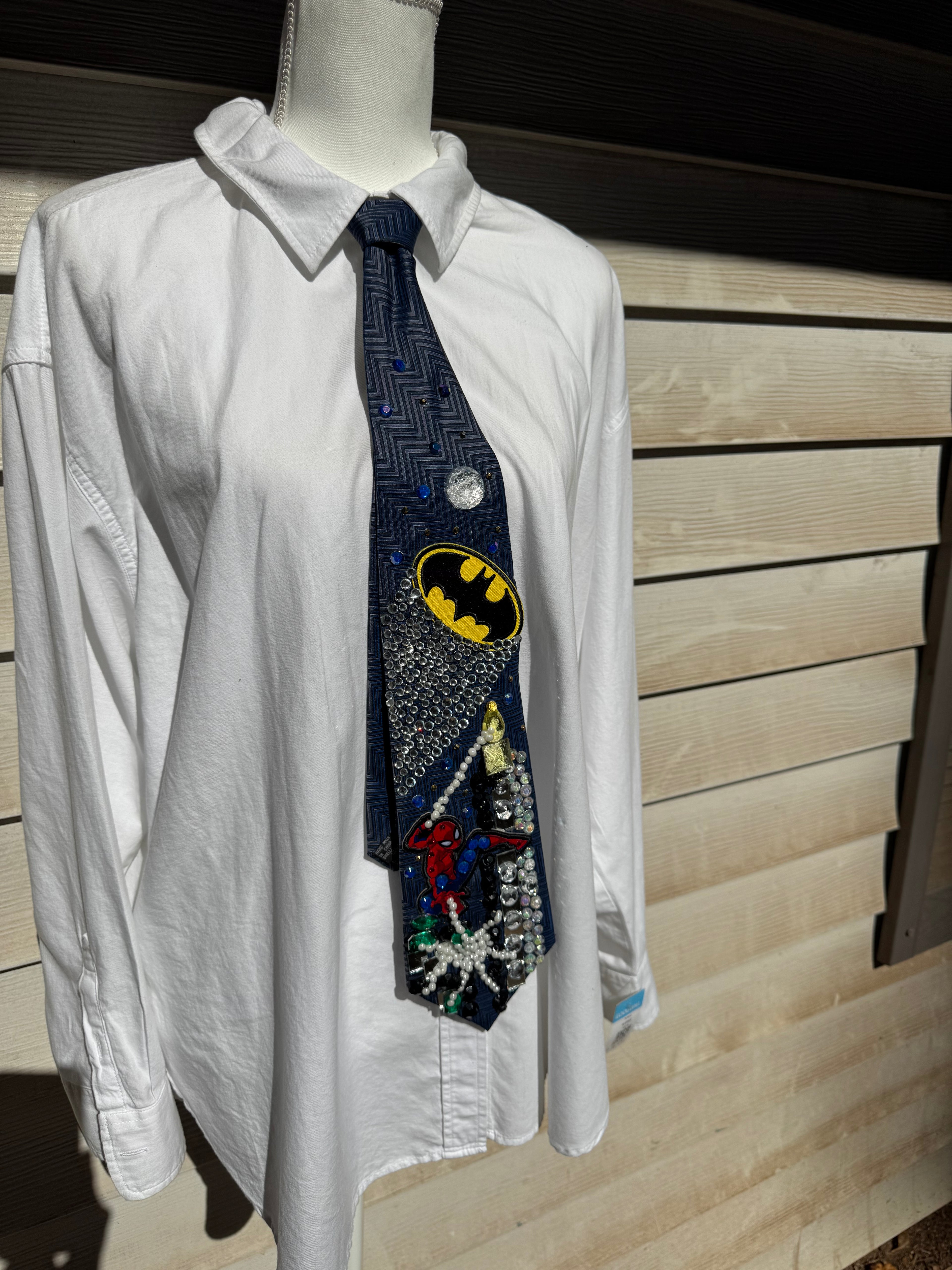 Navy Blue Batman And Spiderman Cross Universes Movie Tie