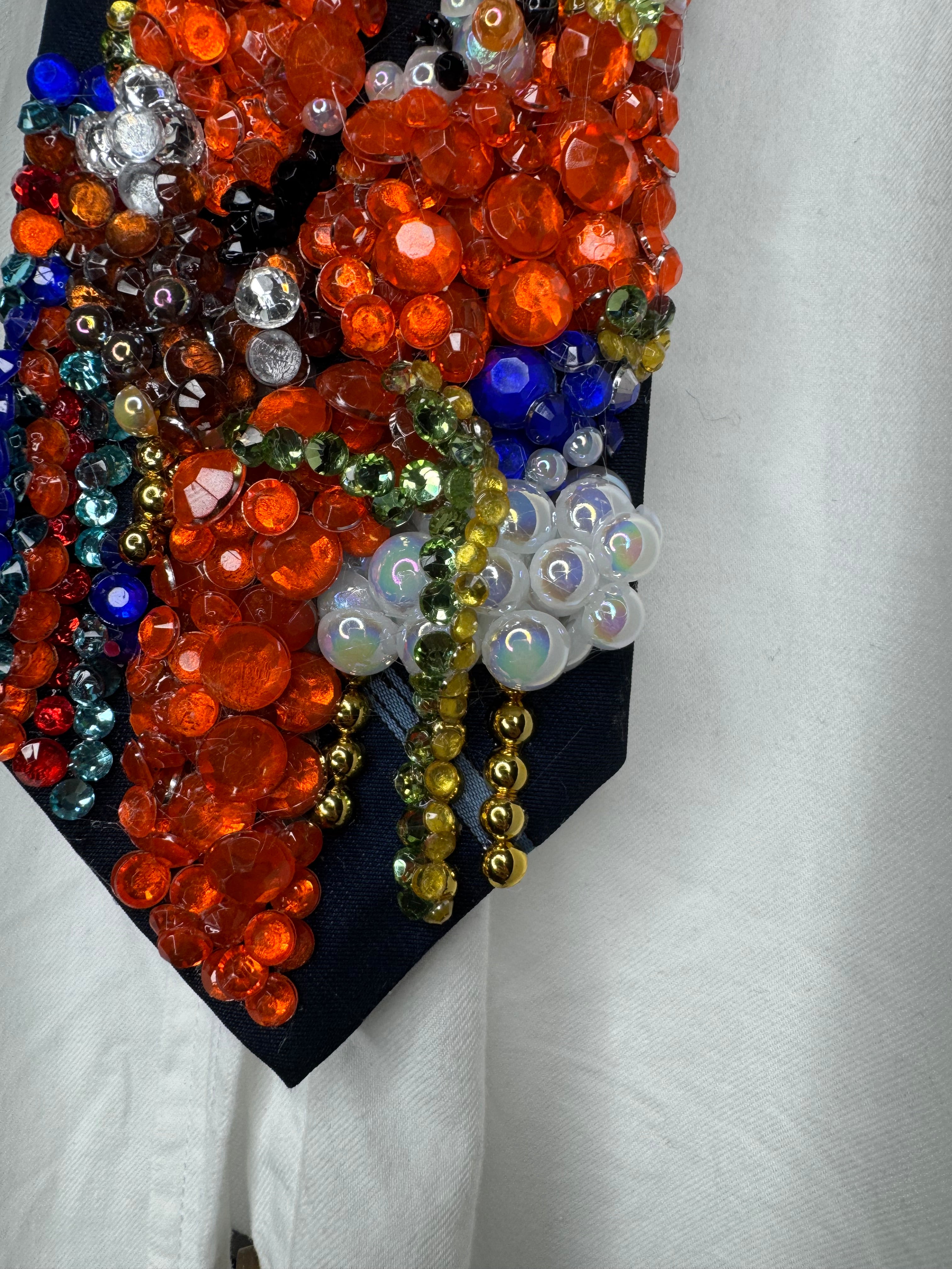 Navy Blue Young Michael Jackson In Orange and Floral Vest Outfit on White Chair 1972 Tie