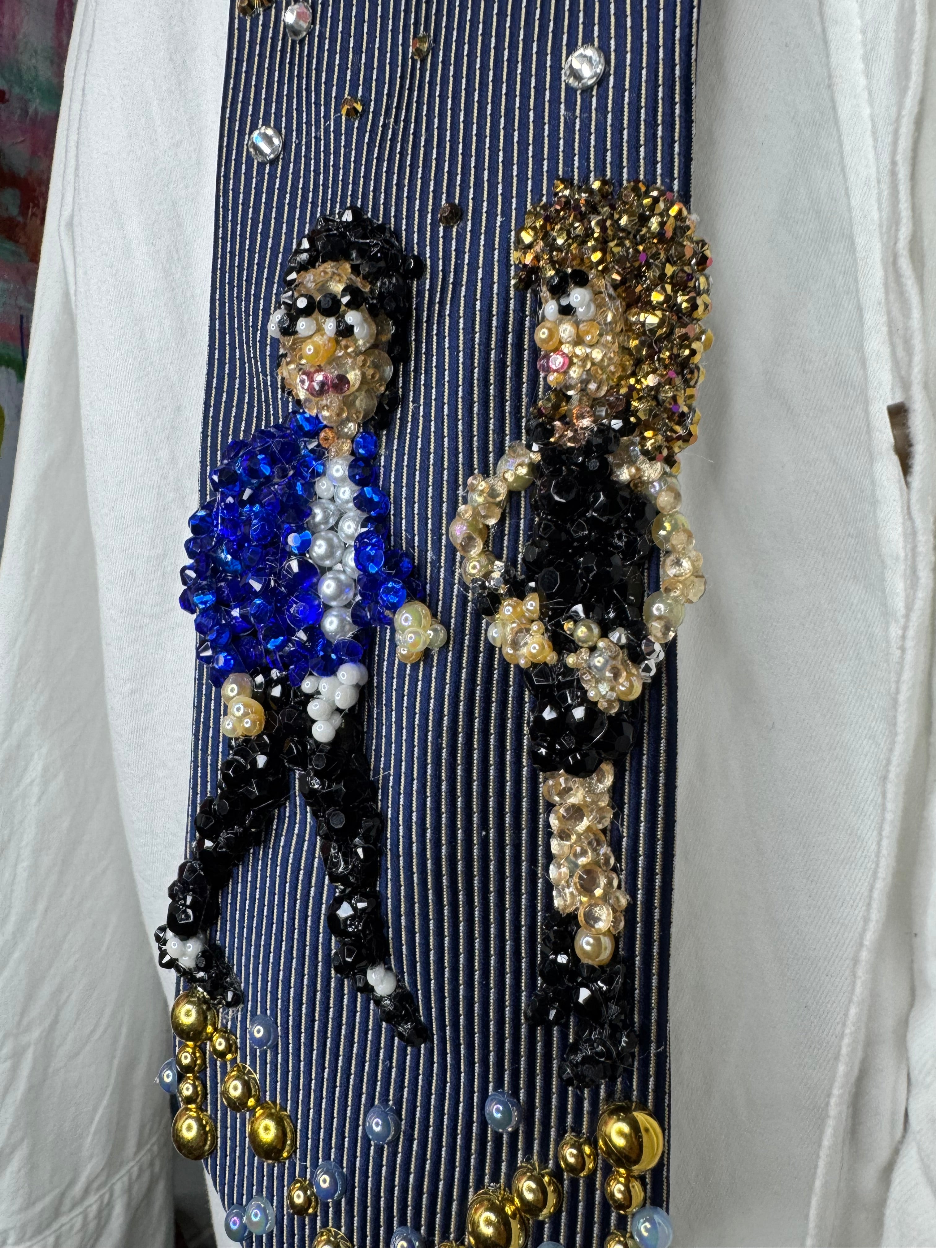 Navy Blue Pinstriped Michael Jackson Flirting With Tatiana Thumbtzen in The Way You Make Me Feel Music Video Tie