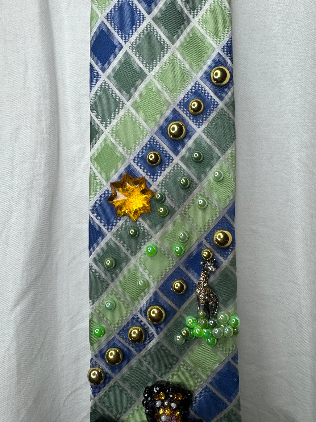 Green and Blue Box Striped Michael Jackson Smiling With Bubbles on Him and His Exotic Pet Giraffe Tie