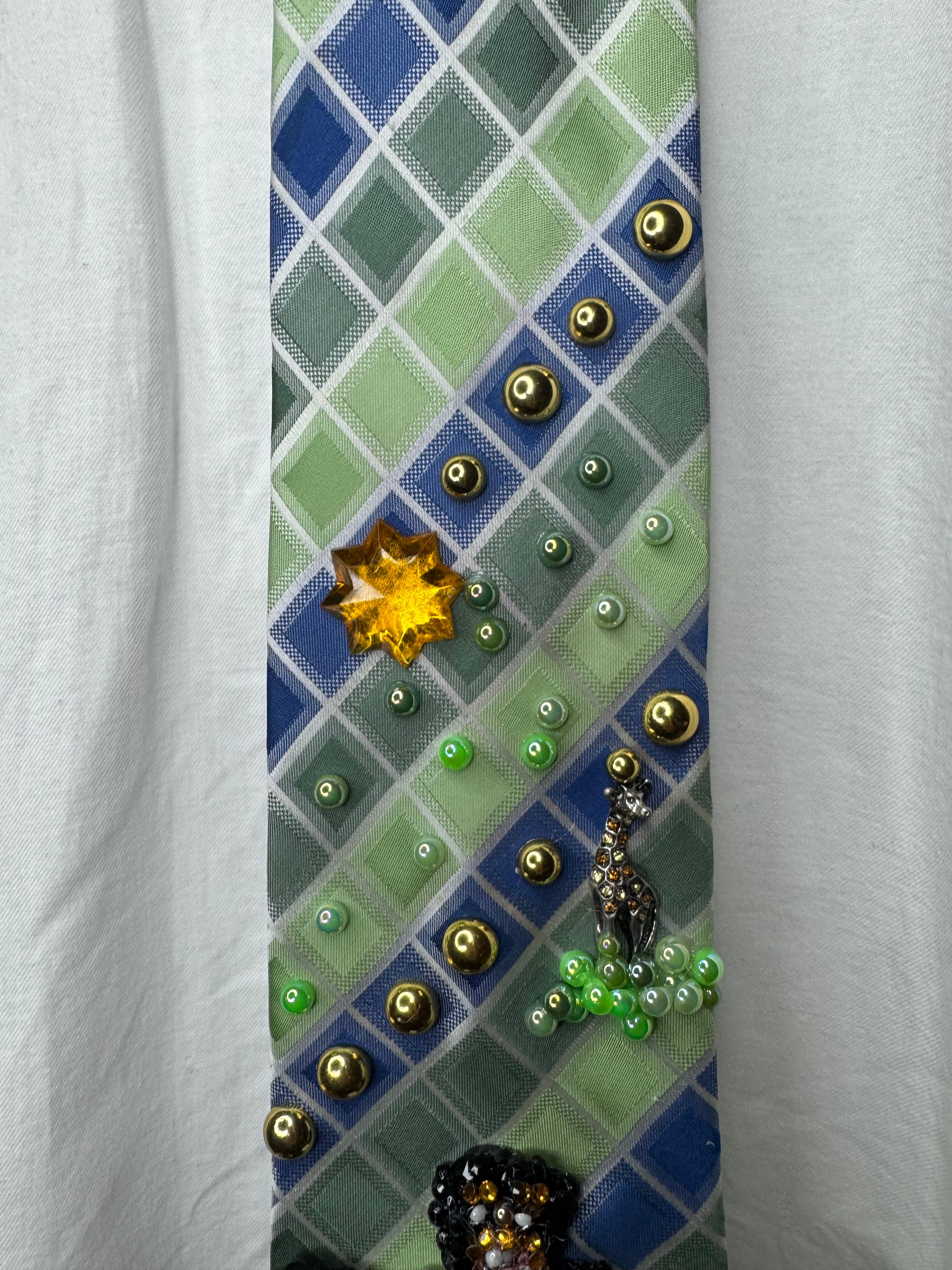 Green and Blue Box Striped Michael Jackson Smiling With Bubbles on Him and His Exotic Pet Giraffe Tie