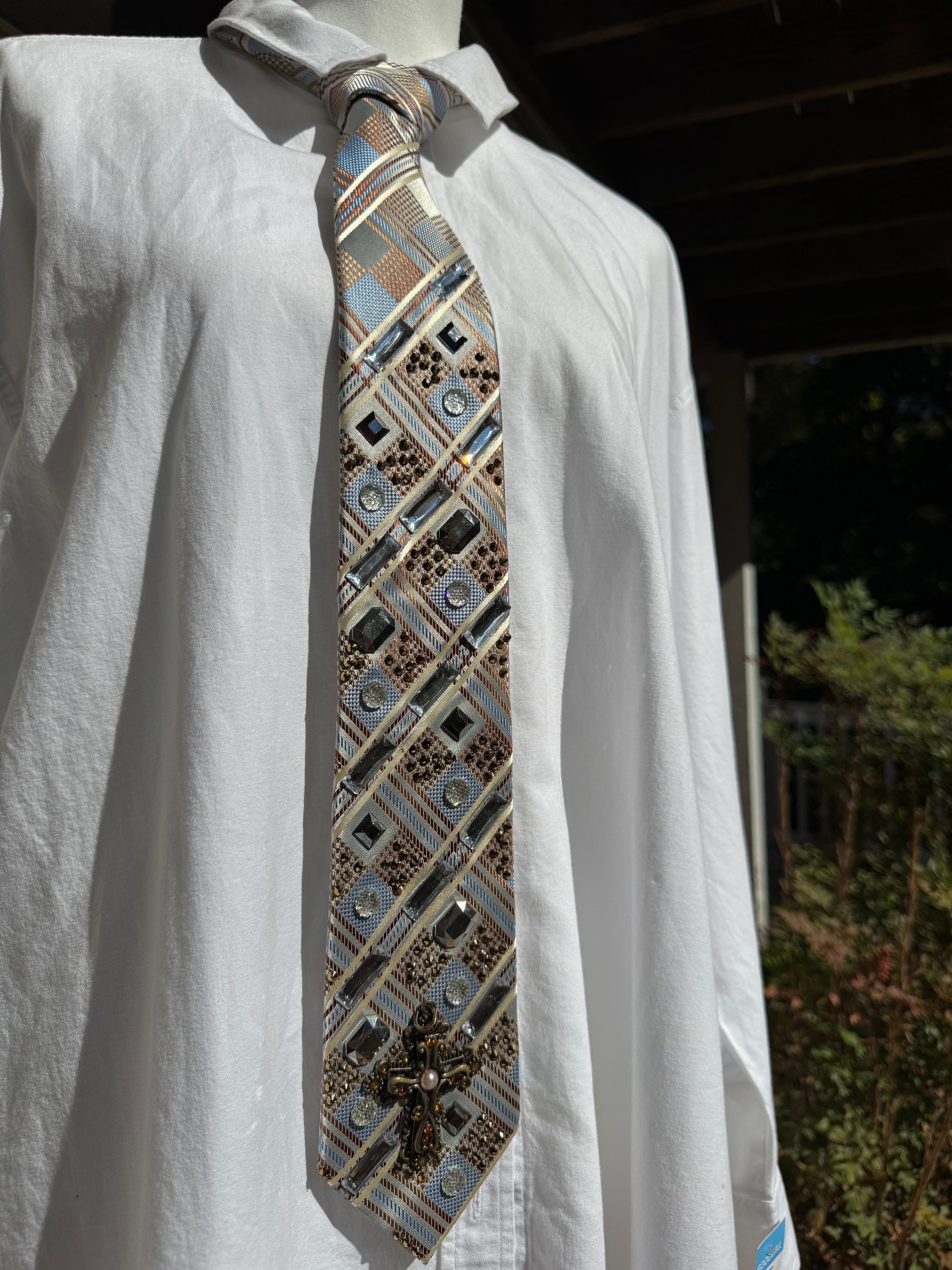 Beige and Light Blue Striped Cross High Class Royalty Tie