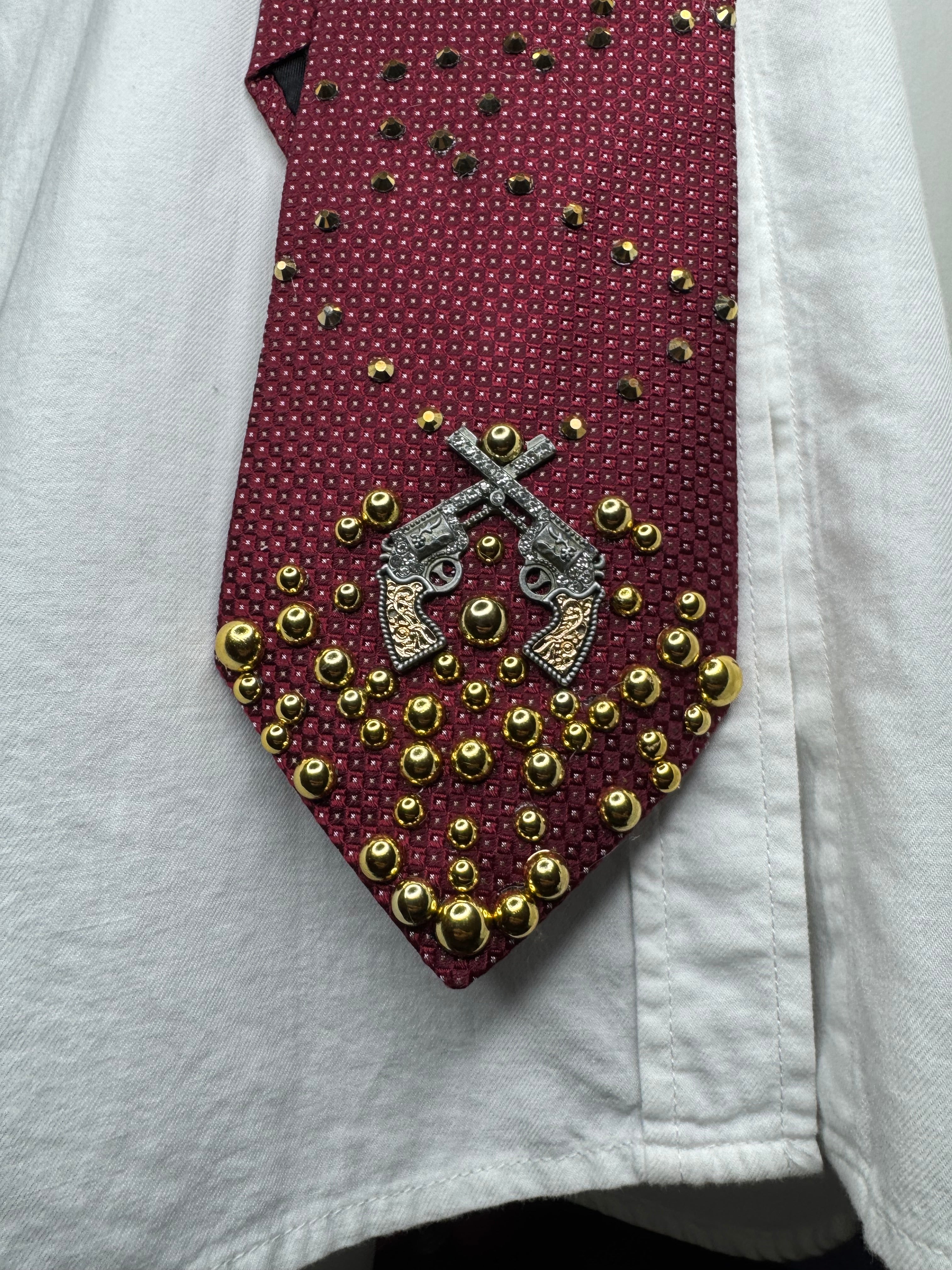 Burgundy Twin Revolvers Ricocheting Bullet Western Tie