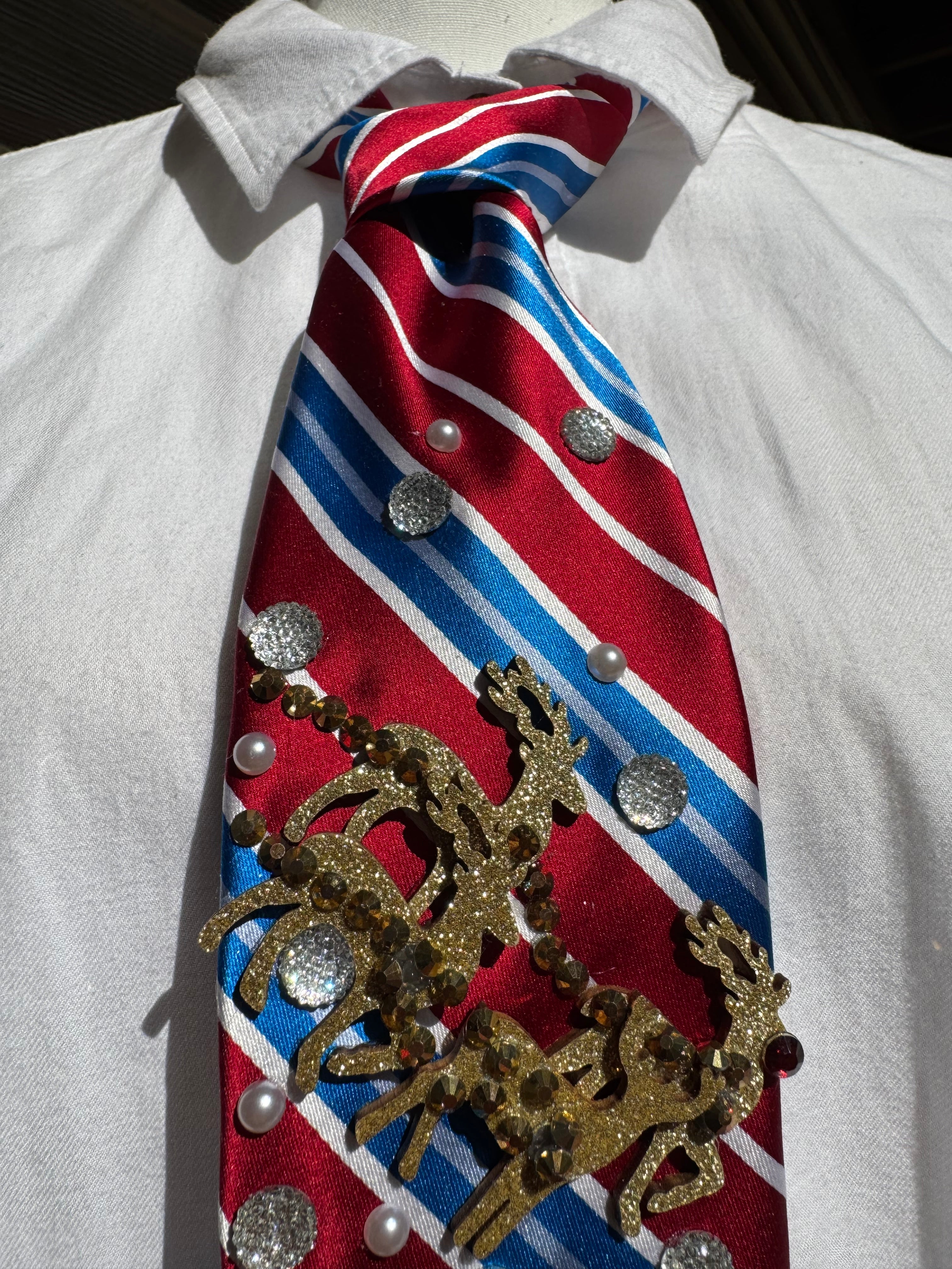 Red and Blue Striped Rudolf and the Reindeers Sleighing By Christmas Tie