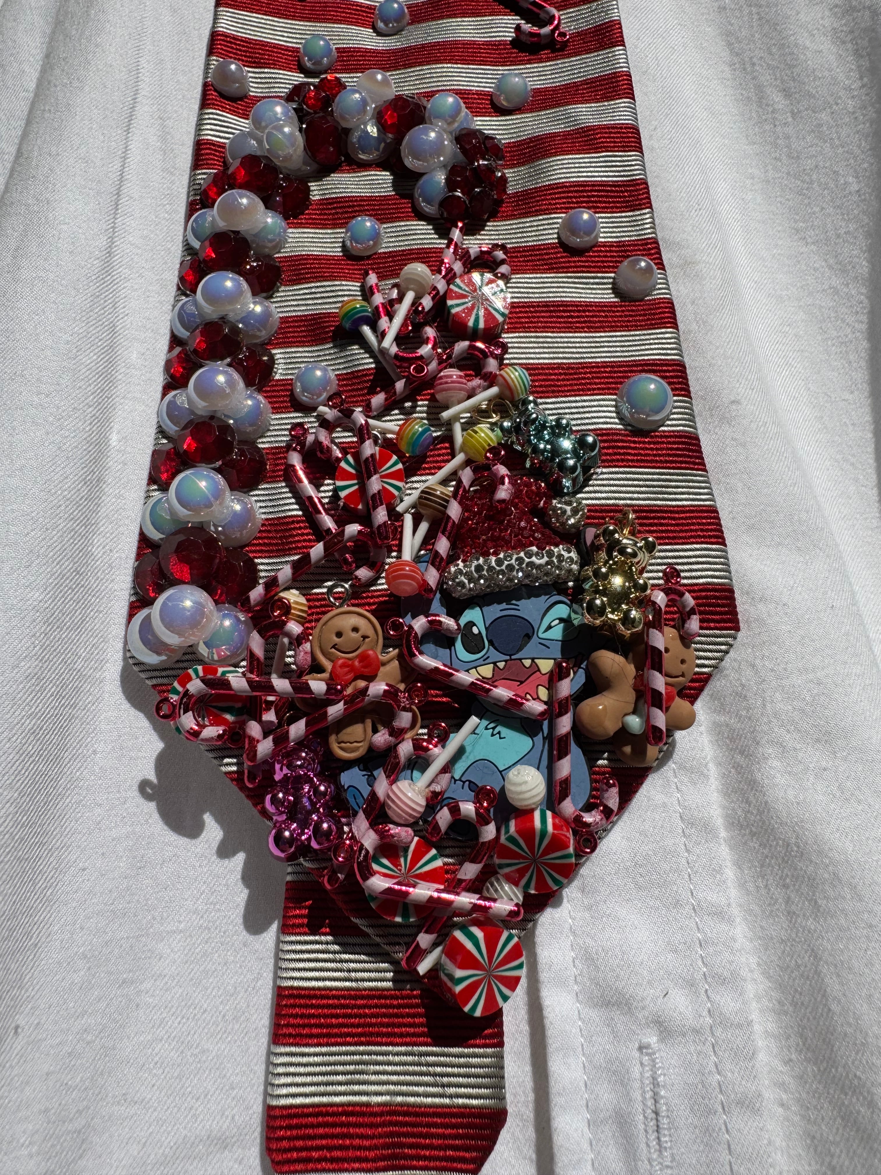 Red and White Pinstriped Candy Cane Candy Fountain Showering Stitch Christmas Tie
