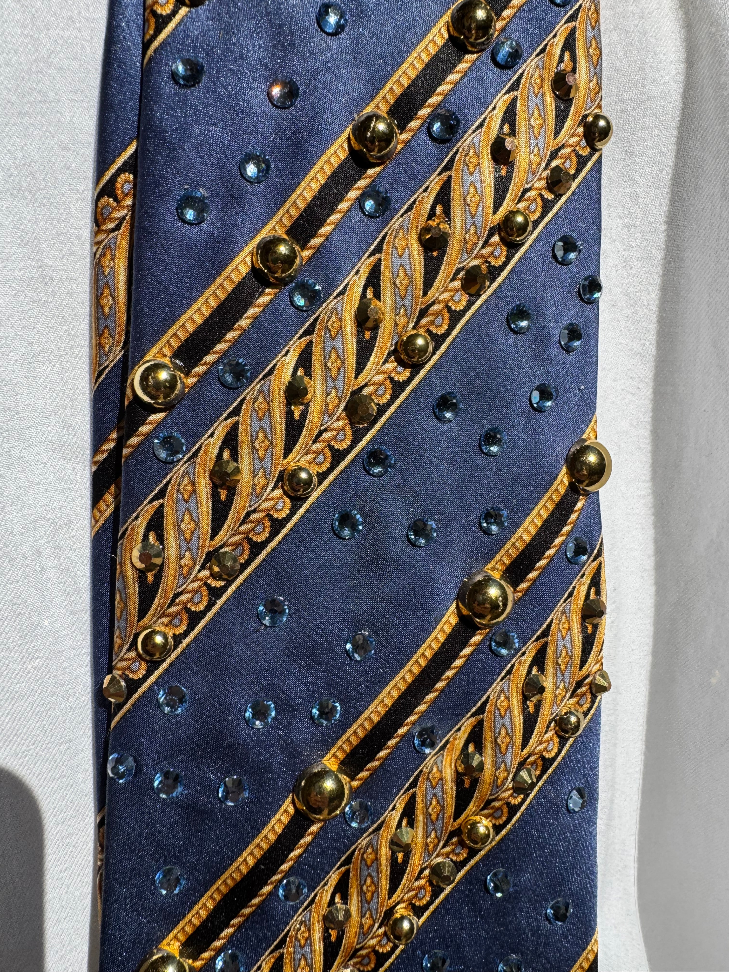 Navy Blue and Gold Striped High Class Royalty Anchored Nautical Tie