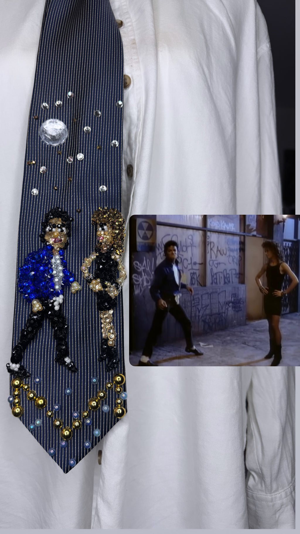 Navy Blue Pinstriped Michael Jackson Flirting With Tatiana Thumbtzen in The Way You Make Me Feel Music Video Tie