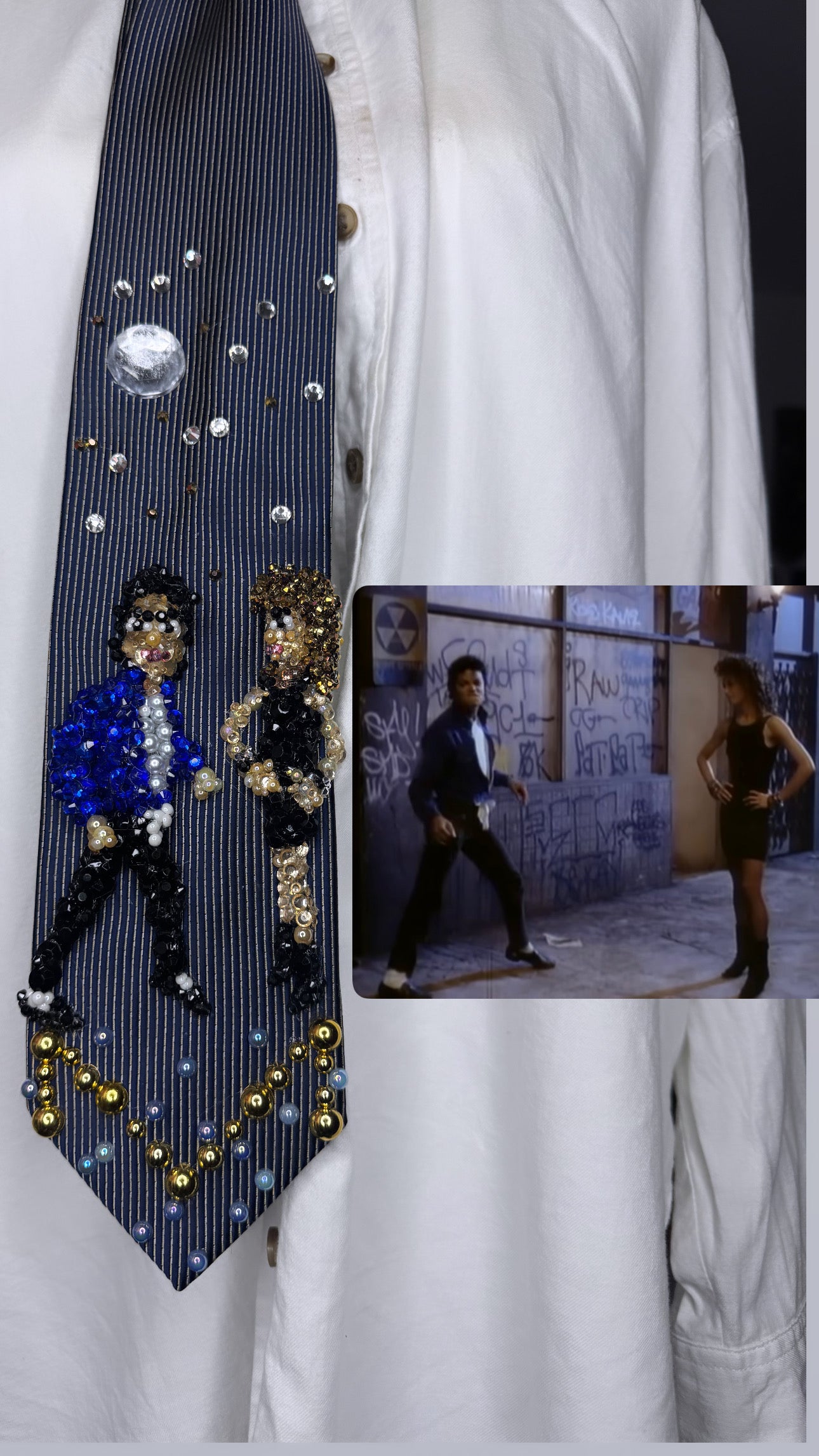 Navy Blue Pinstriped Michael Jackson Flirting With Tatiana Thumbtzen in The Way You Make Me Feel Music Video Tie