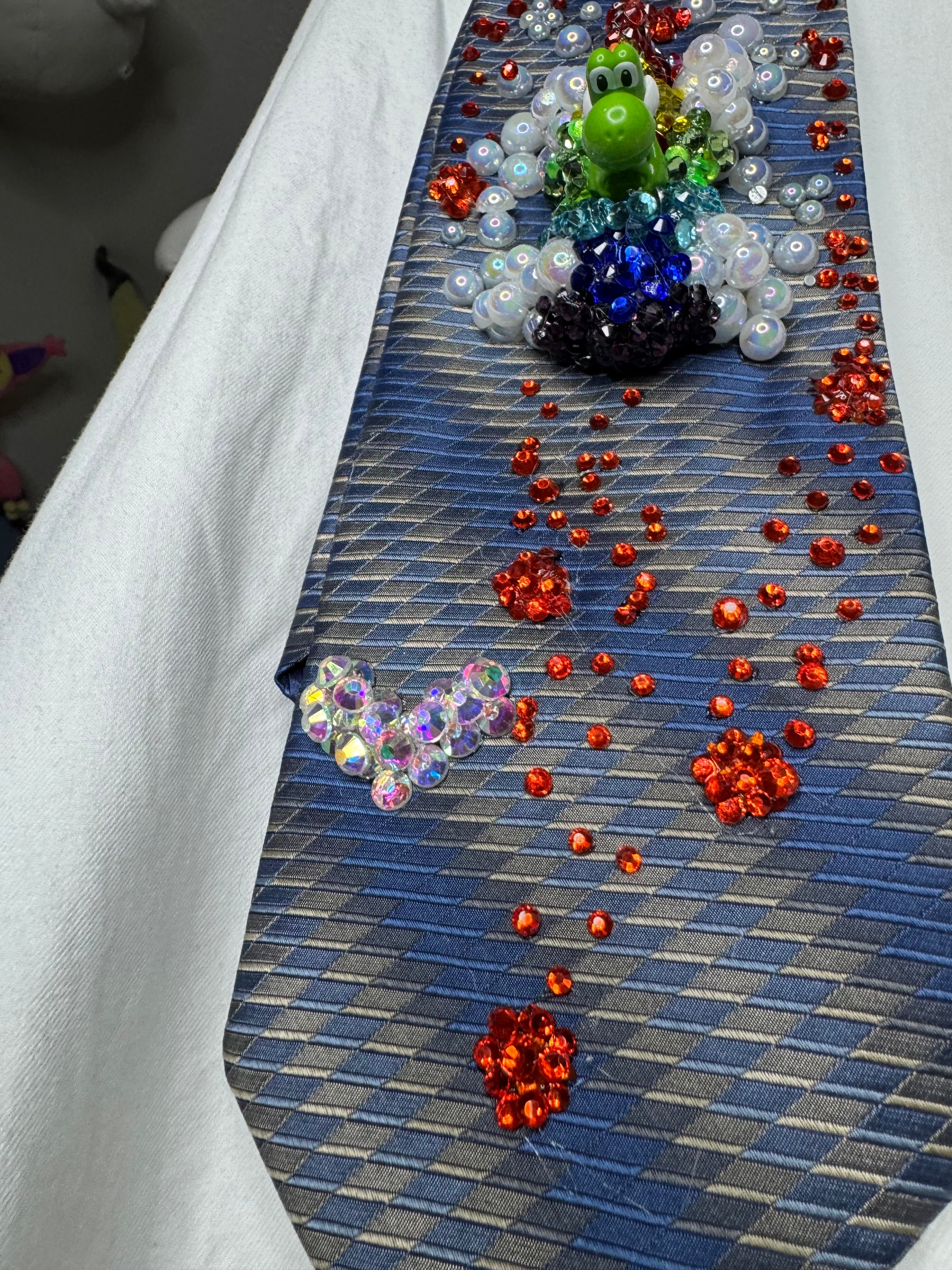 Navy Blue and Grey Yoshi Activating Star Power Near Fireballs Mario Kart Tie