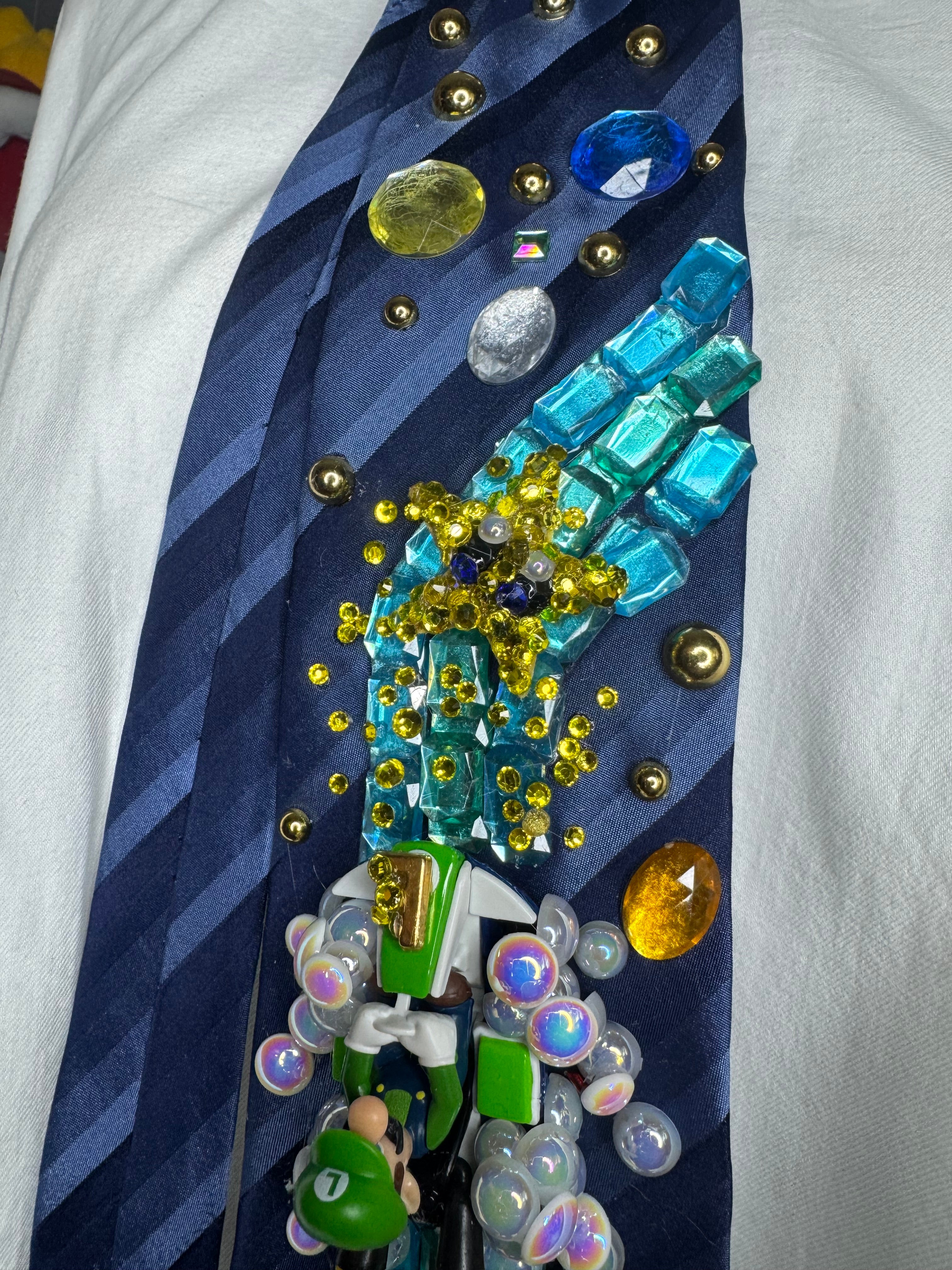 Navy Blue Luigi Chasing Star On Icy Glacier Road 200cc Mario Kart Tie