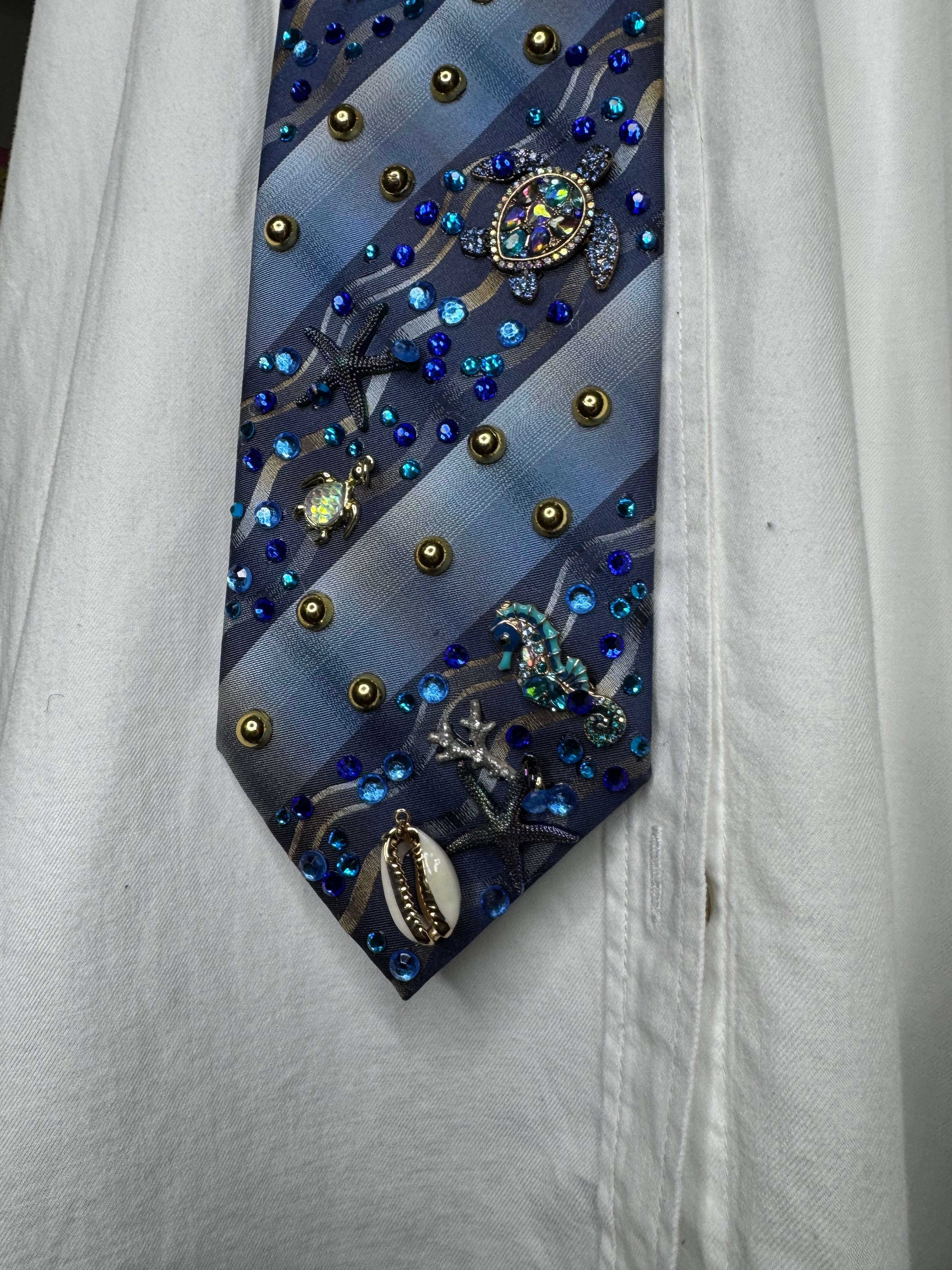 Blue Striped Wavy Ocean Floor Aquatic Nature Tie