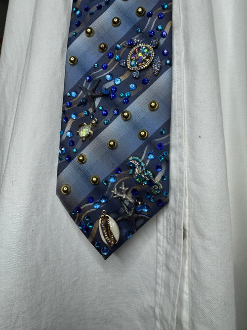 Blue Striped Wavy Ocean Floor Aquatic Nature Tie