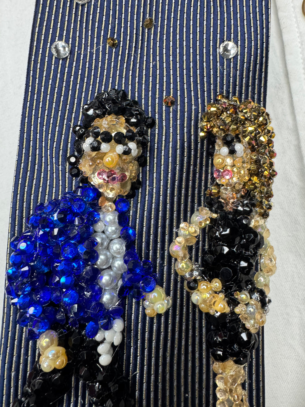 Navy Blue Pinstriped Michael Jackson Flirting With Tatiana Thumbtzen in The Way You Make Me Feel Music Video Tie