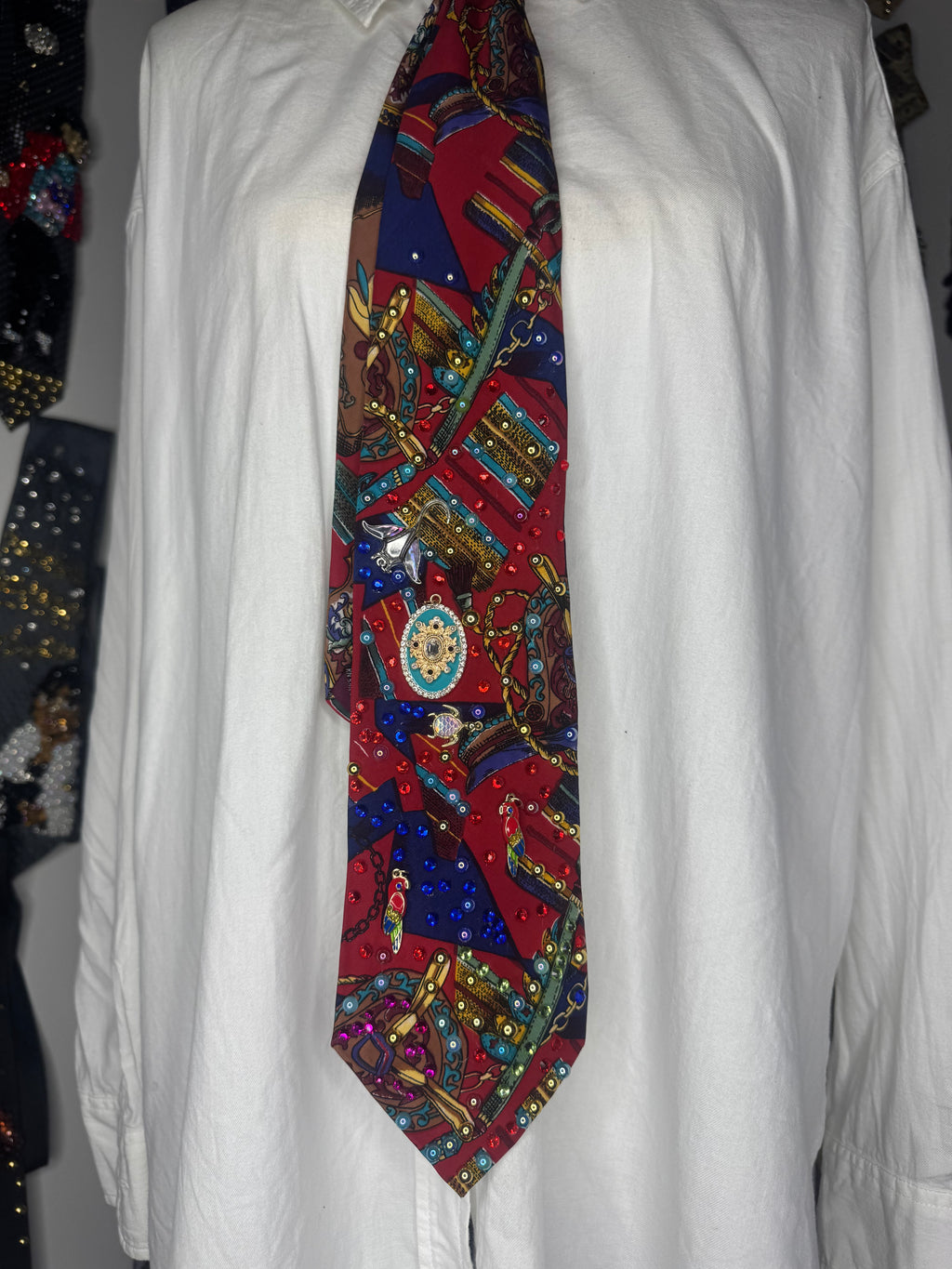 Red Luxury Tasseled Printed Tropical Treasure Royalty Tie