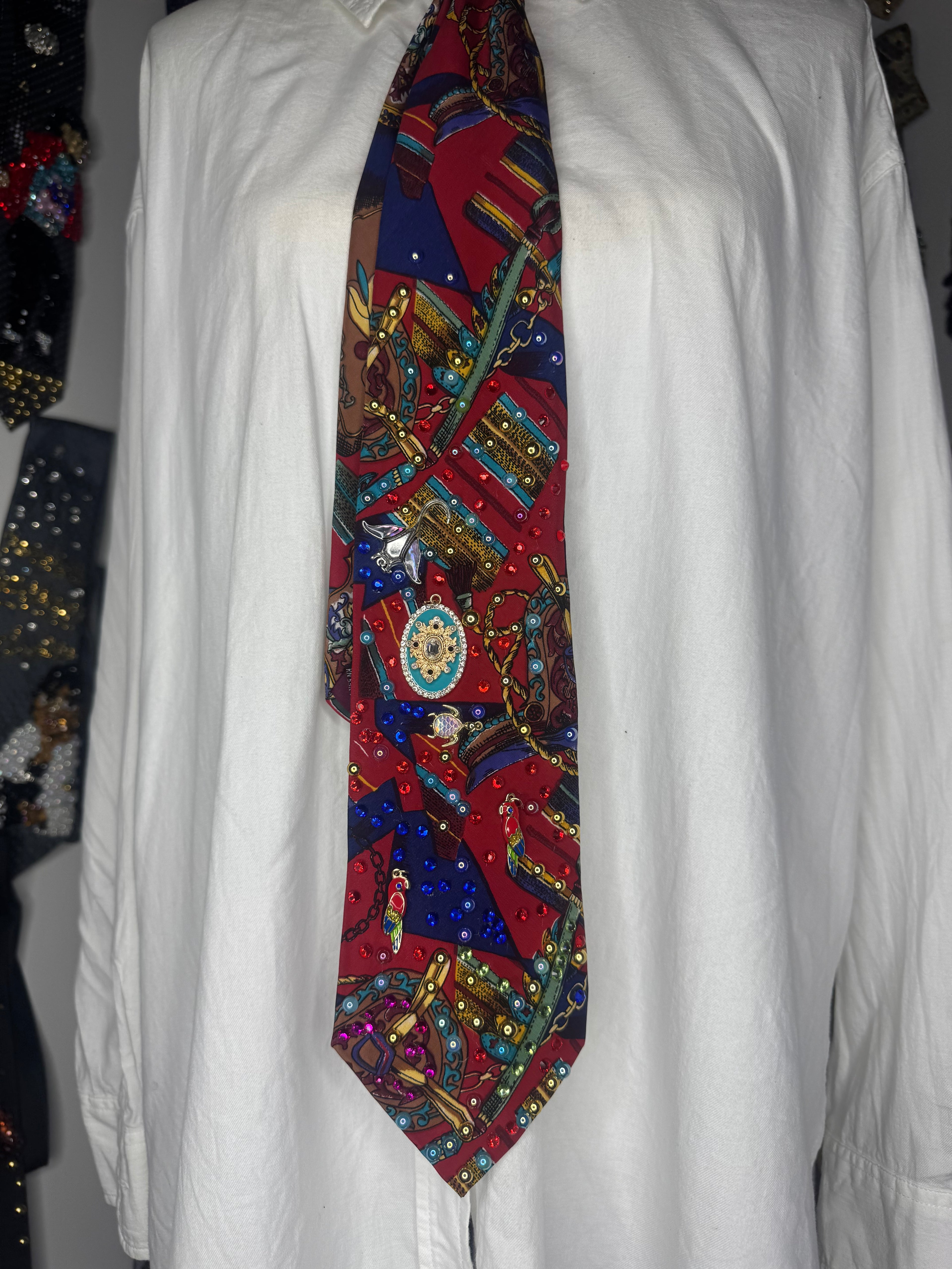 Red Luxury Tasseled Printed Tropical Treasure Royalty Tie