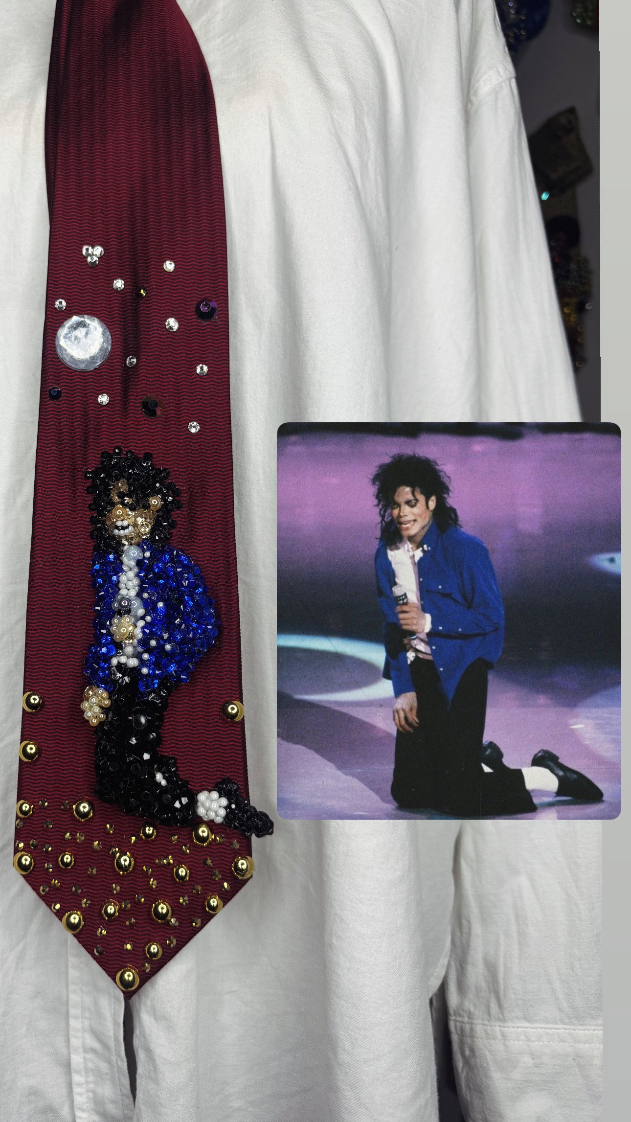 Red Michael Jackson On Knees Singing After Spinning to Man in the Mirror Grammy Awards 1988 Tie