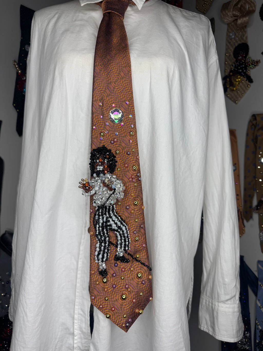 Orange Michael Jackson Striped Pants Reaching Out While Singing Pose Victory Tour 1984 Tie
