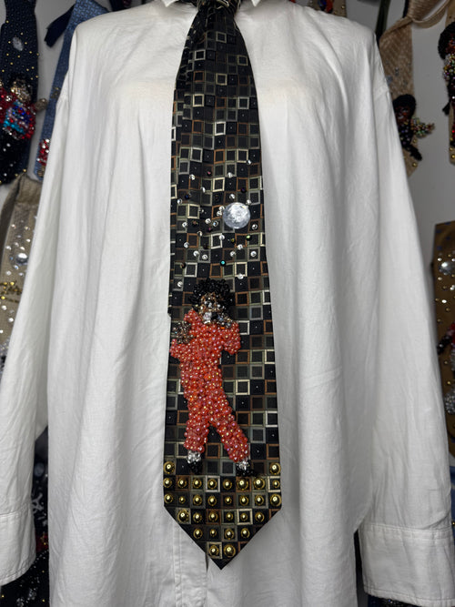 Black Michael Jackson Hitting Sideways Leg & Hand Out Stop Pose In Peach Space Jumpsuit Singing Workin Day n Night Victory Tour 1984 Tie