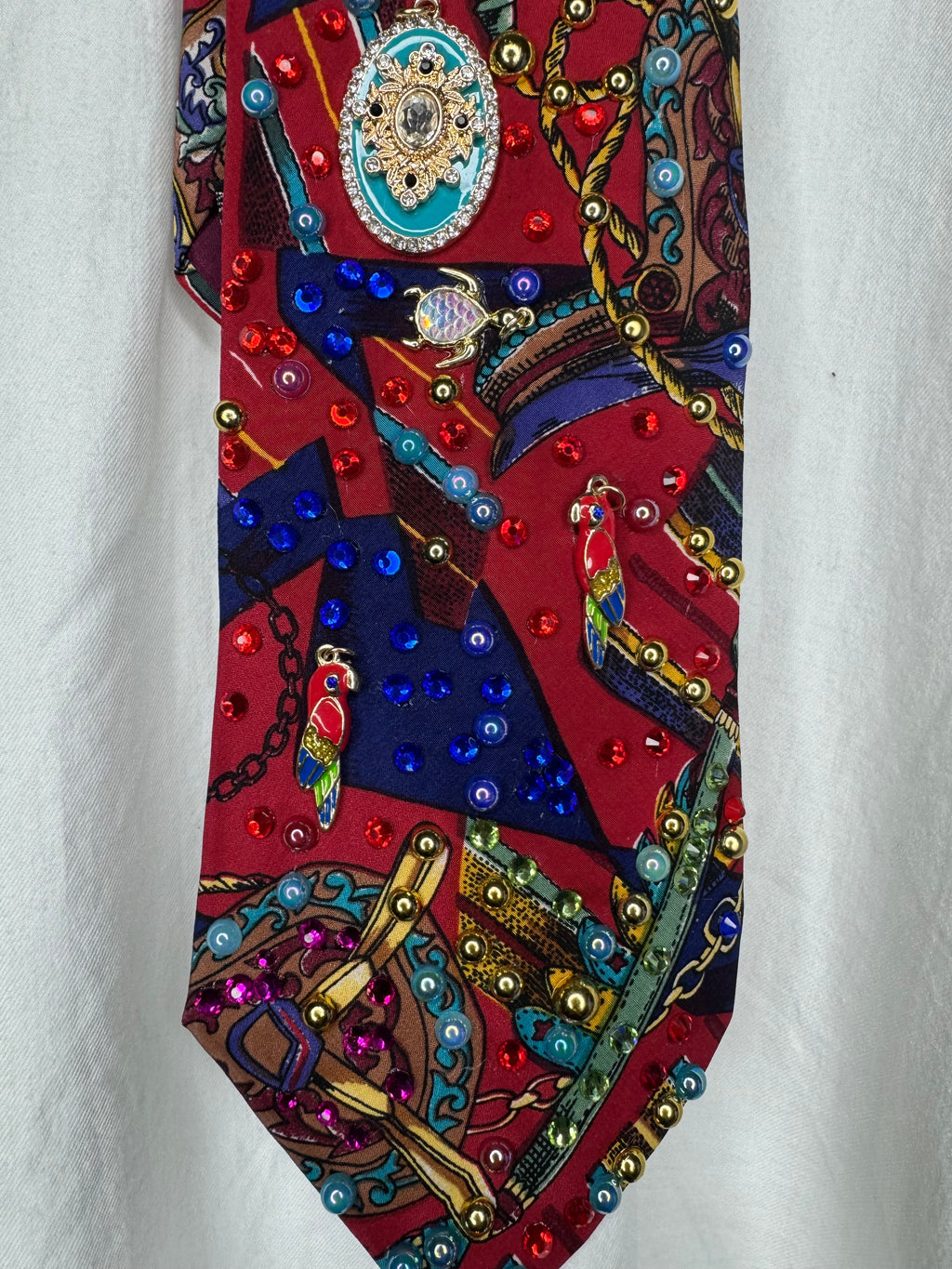 Red Luxury Tasseled Printed Tropical Treasure Royalty Tie