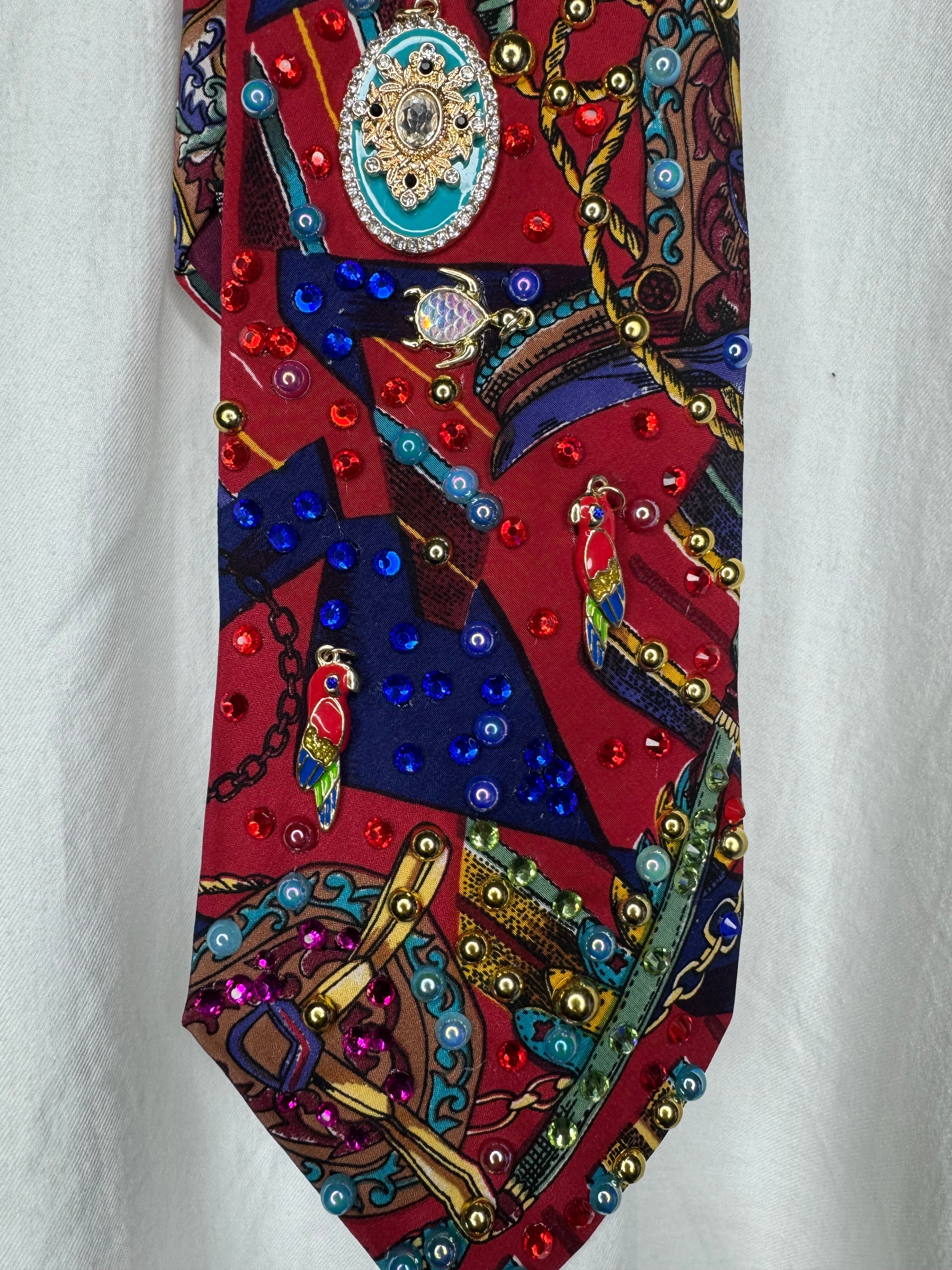 Red Luxury Tasseled Printed Tropical Treasure Royalty Tie