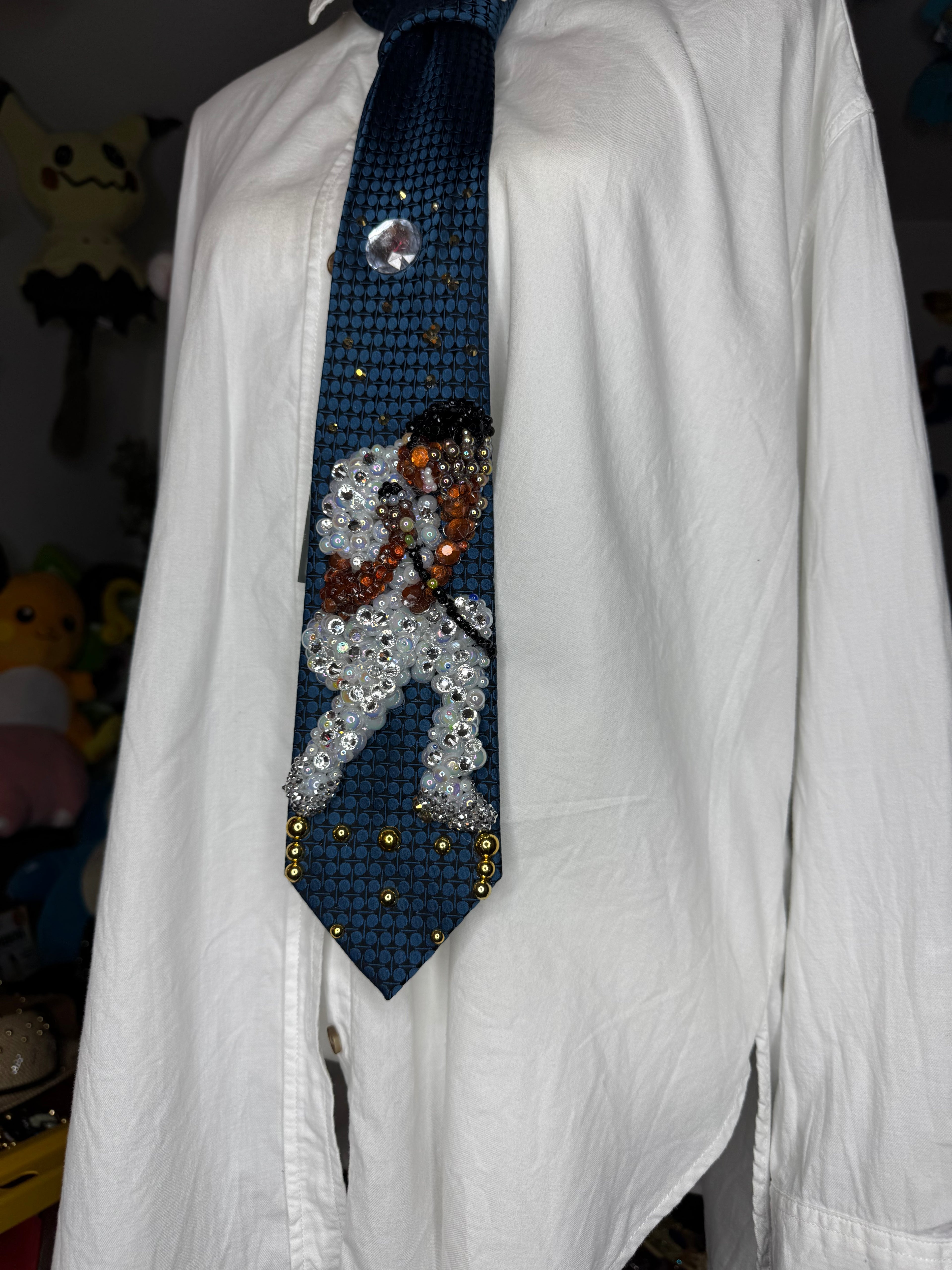 Midnight Blue Michael Jackson Hand Over Face Pose All White Rhinestone Outfit Triumph Tour Tie