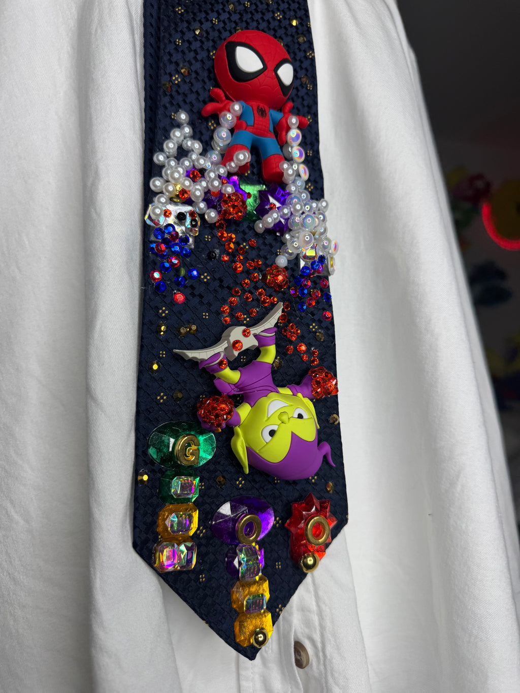 Navy Blue Spiderman Vs Green Goblin in the Head of the Moment in the City Tie