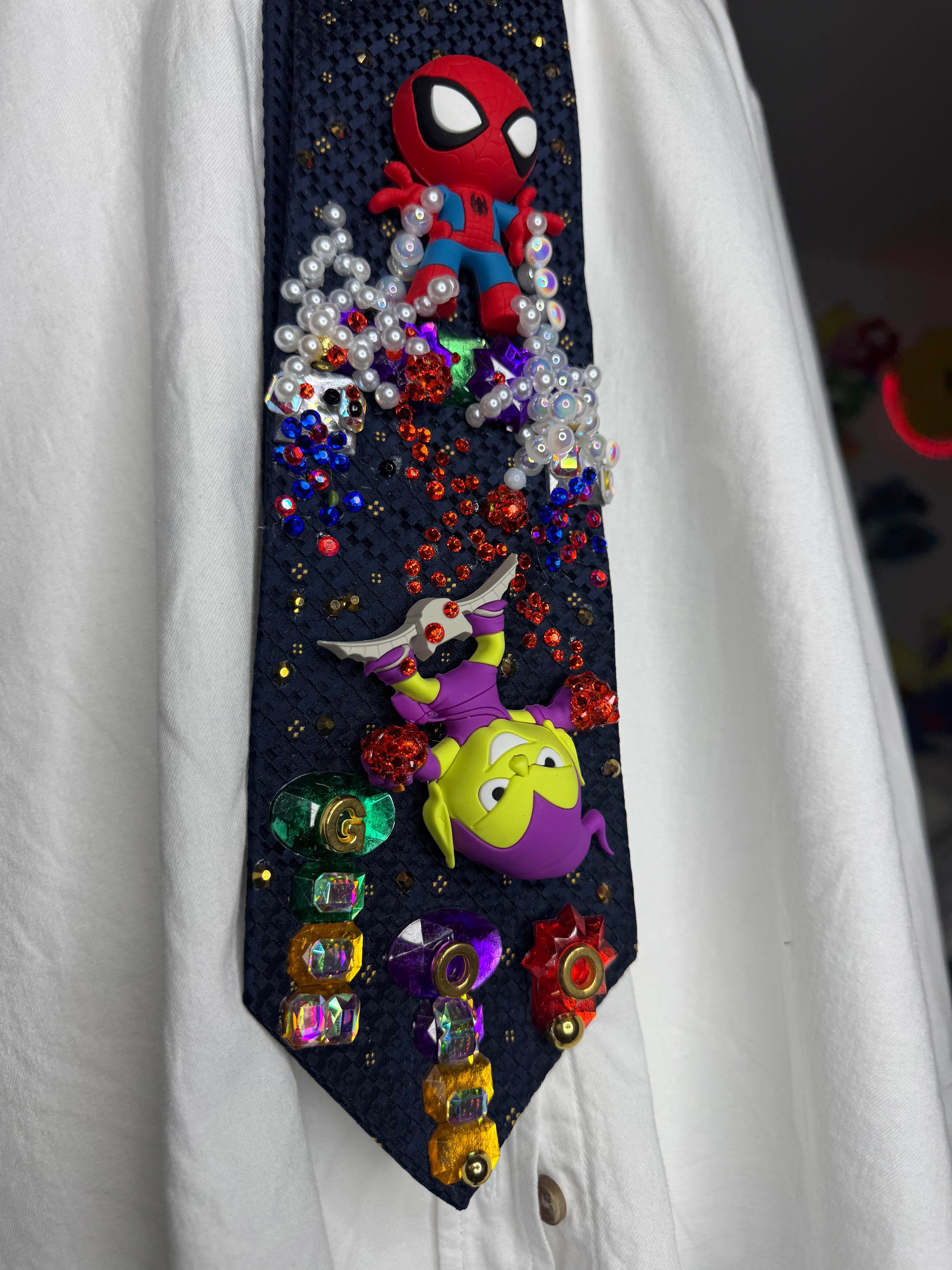 Navy Blue Spiderman Vs Green Goblin in the Head of the Moment in the City Tie
