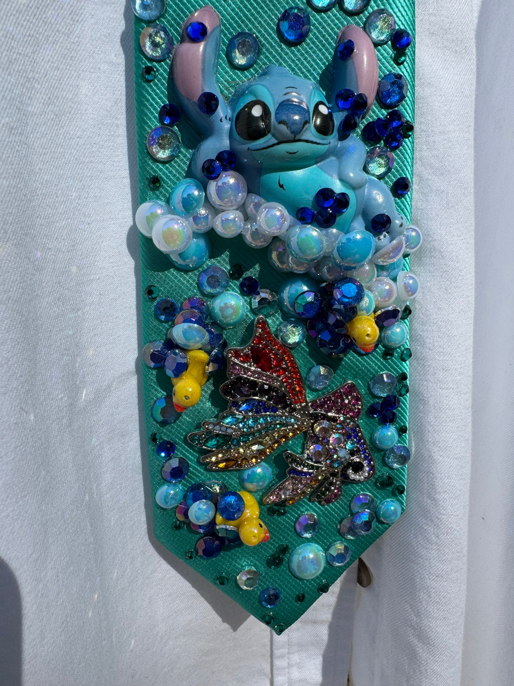 Coral Blue Stitch Swimming In Pond With Rainbow Koi and Ducks Tie