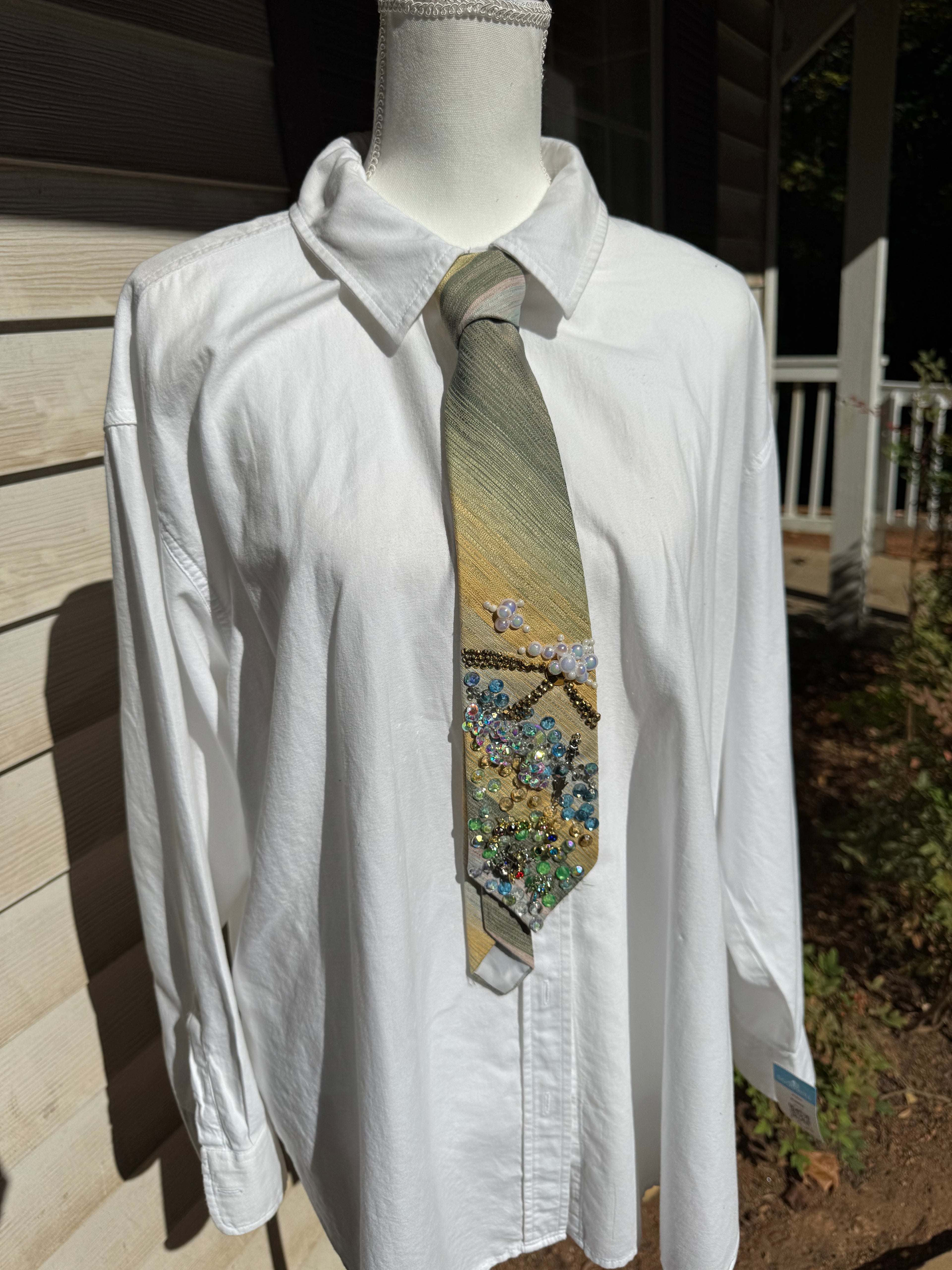 Green and Yellow Striped Overview of River and Treasured Meadow Nature Royalty Tie