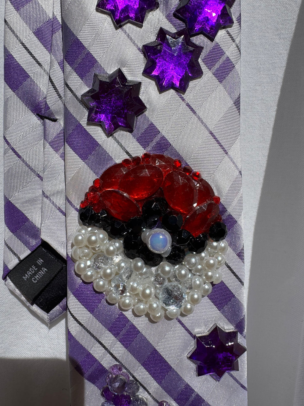 White and Purple Plaid Gengar And Pokeball Pokemon Tie