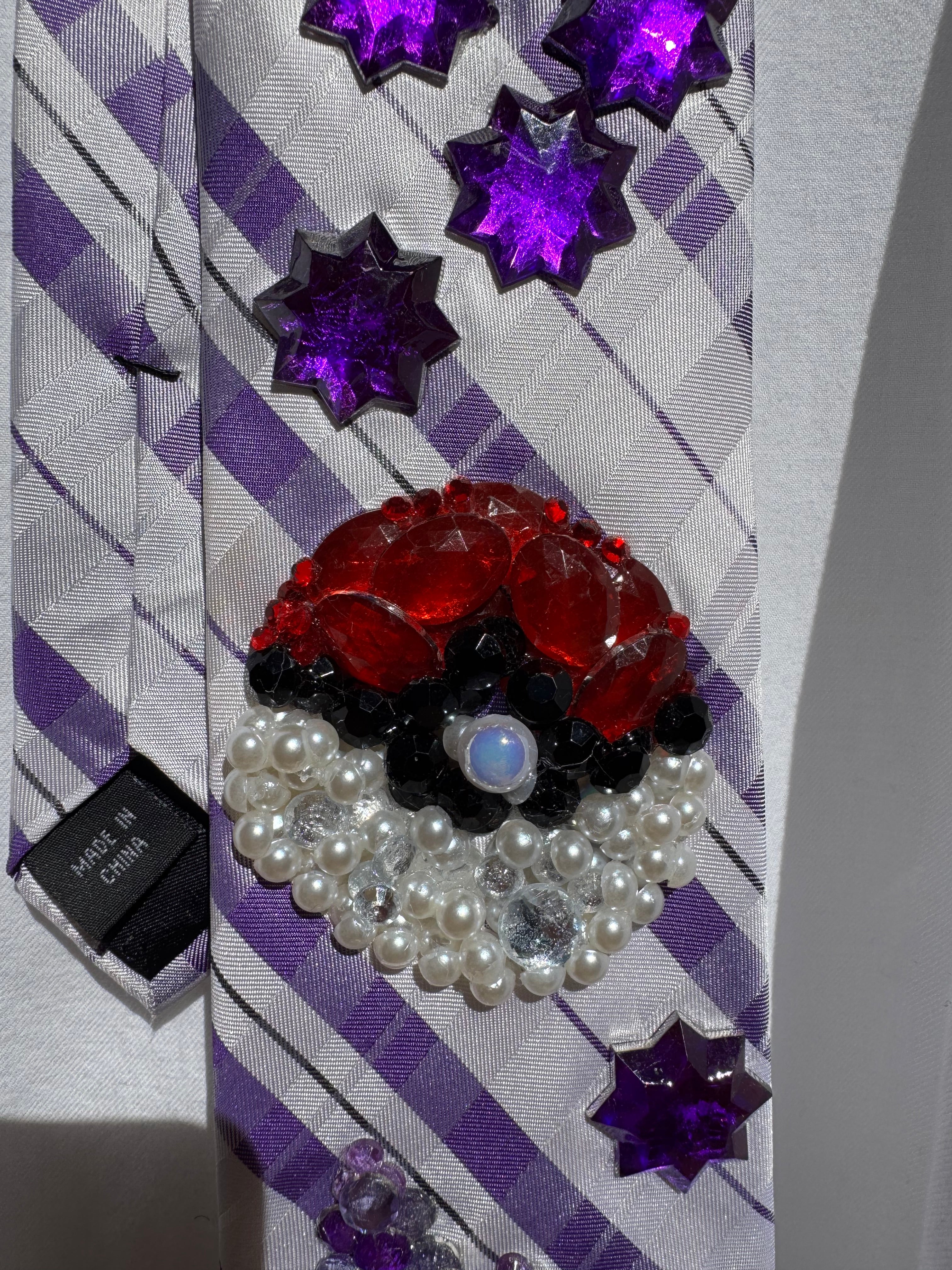 White and Purple Plaid Gengar And Pokeball Pokemon Tie