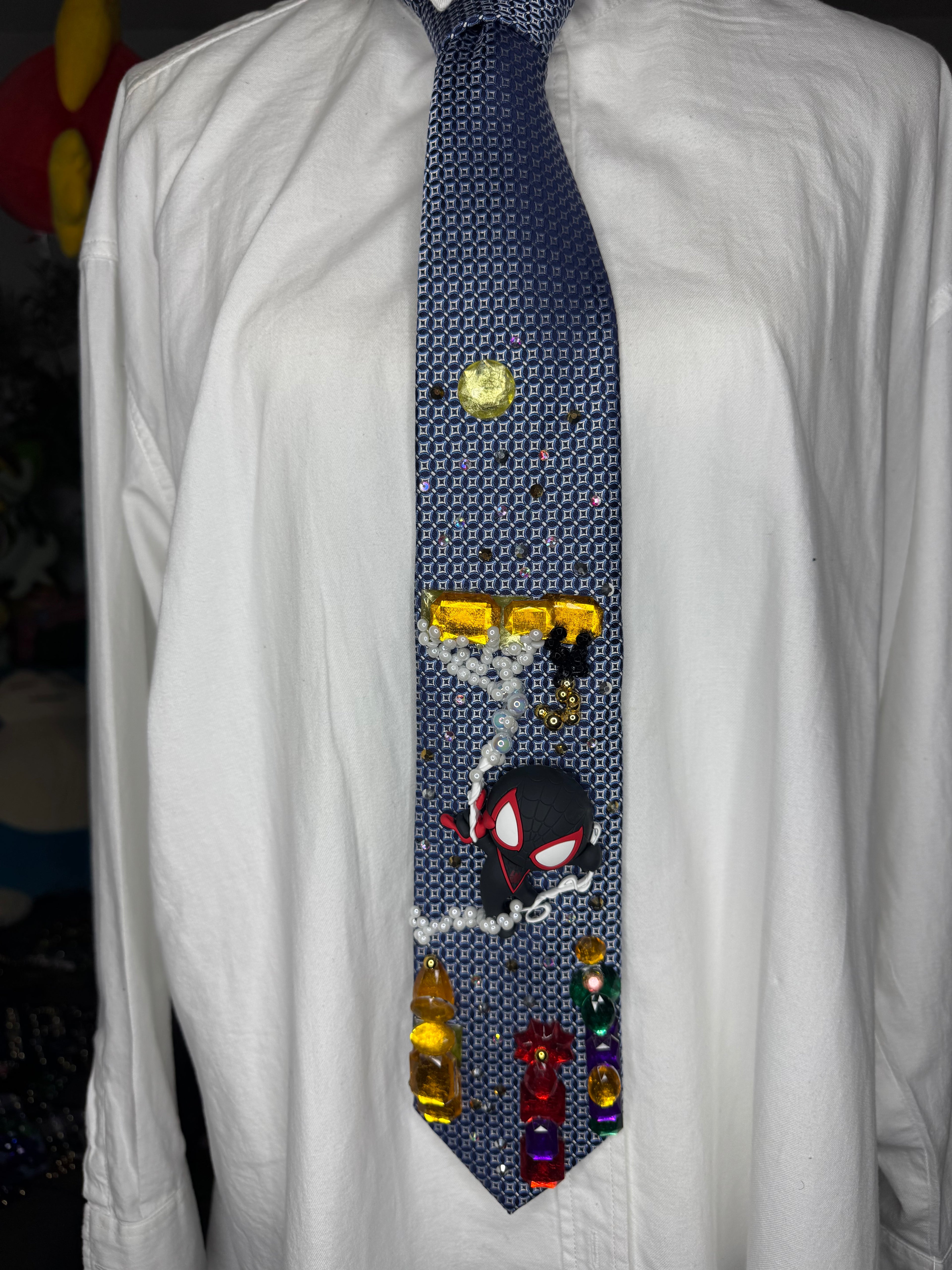 Blue Miles Morales Webbing Himself to Crane In City Spiderman Tie