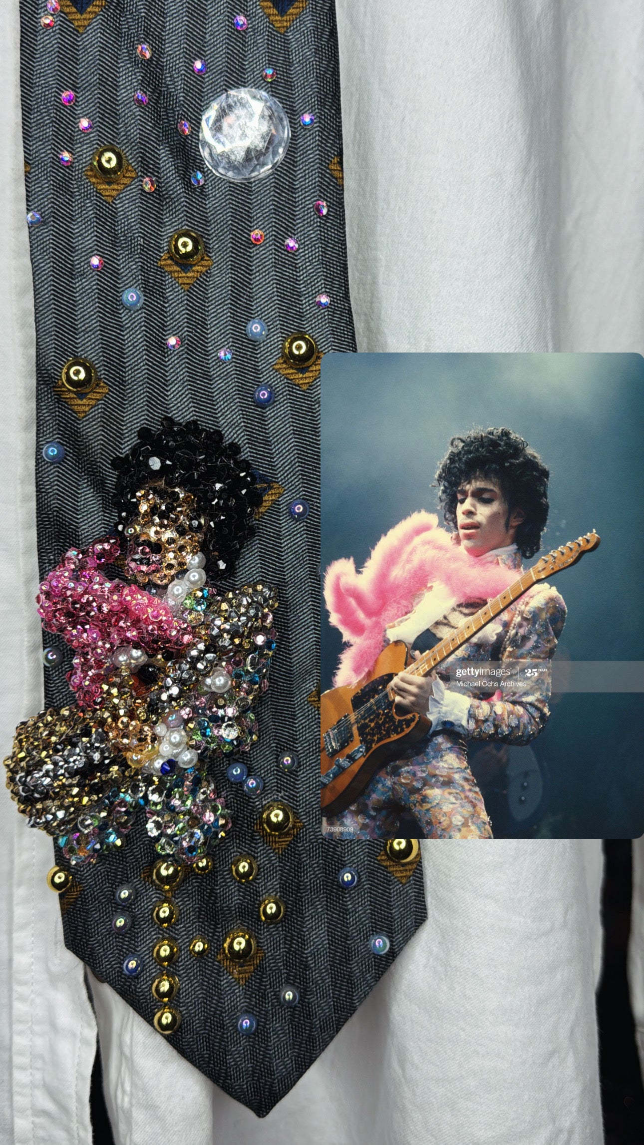 Cyan Blue Prince In Colorful Spotted Outfit with Pink Scarf Rocking Out Performing Tie