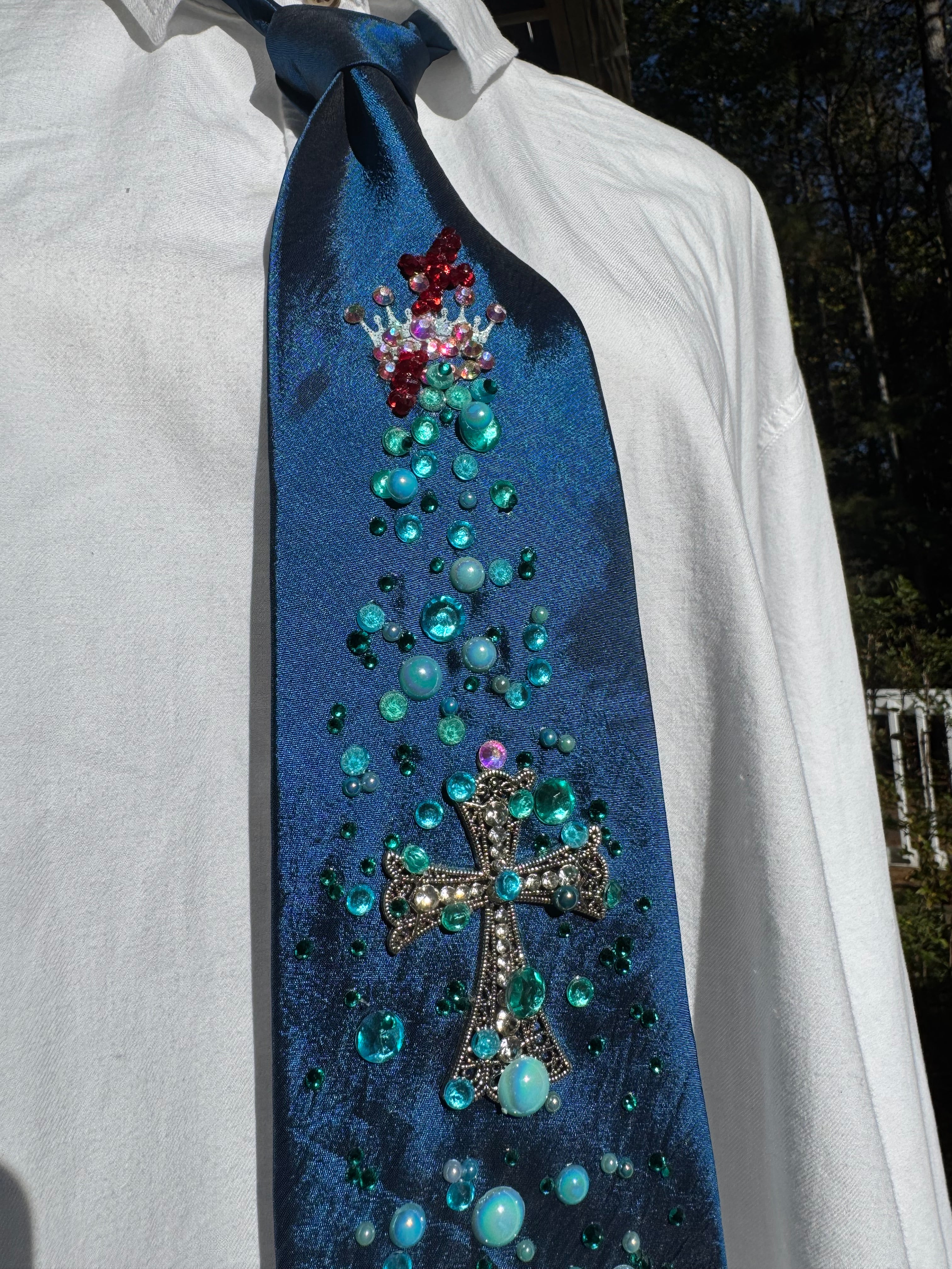 Royal Blue Raining Red Crown Over Cross Royalty Church Tie