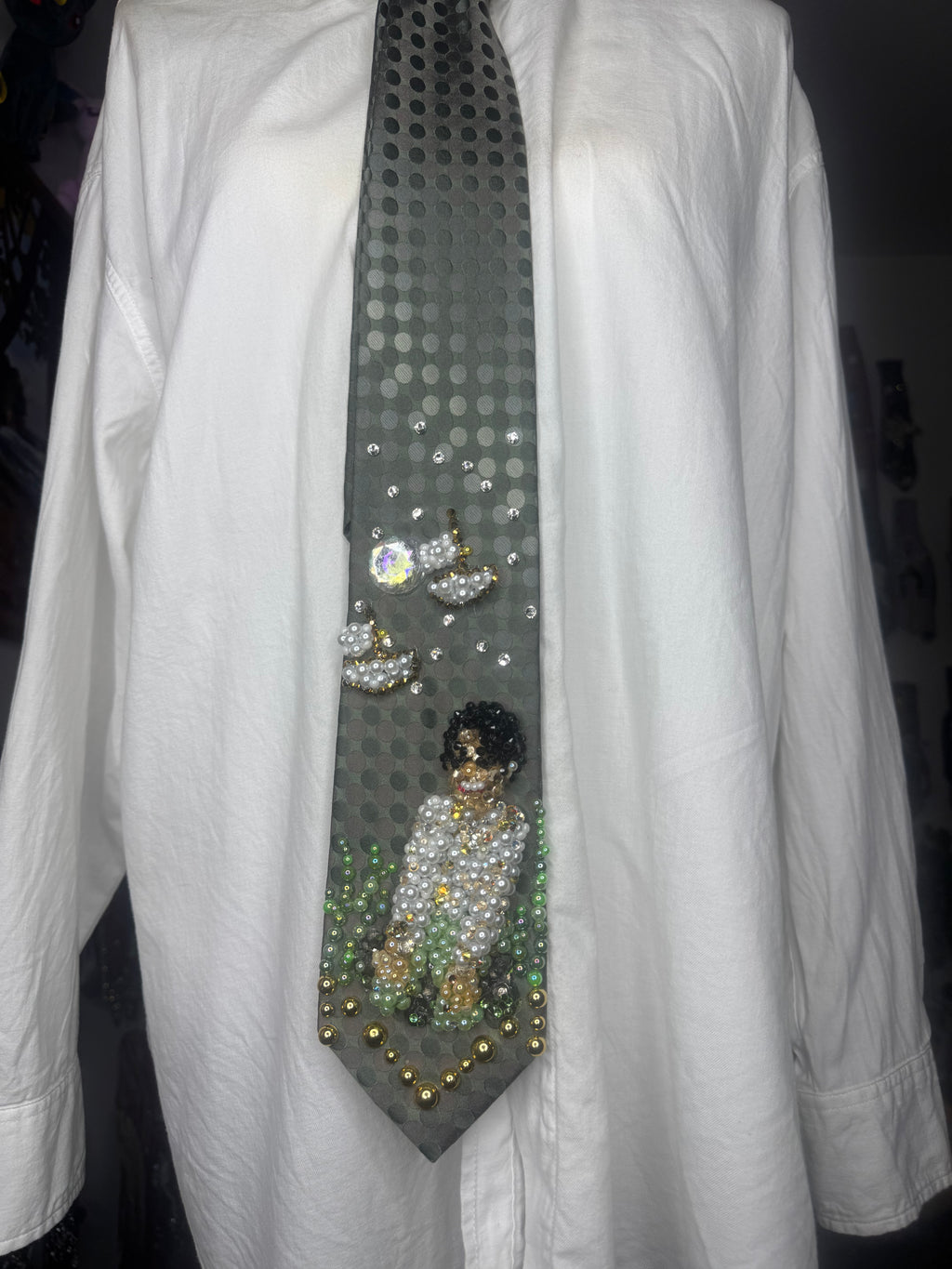 Dark Green Michael Jackson Smiling and Singing on Rock With Boats Flying By in Childhood Music Video Tie