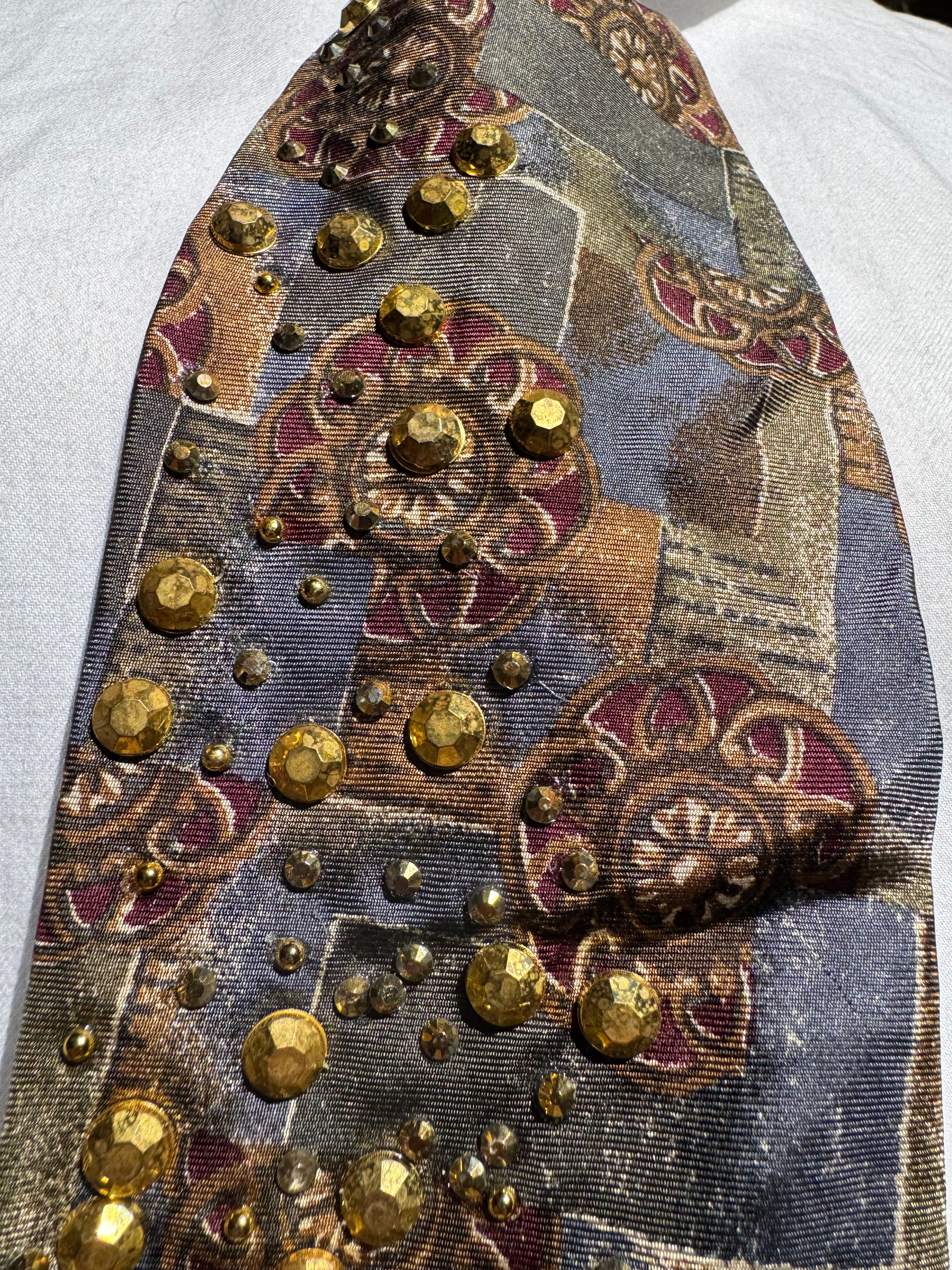 Gold and Grey Renaissance Printed Gold Asteroid Breaking Compass Space Royalty Tie