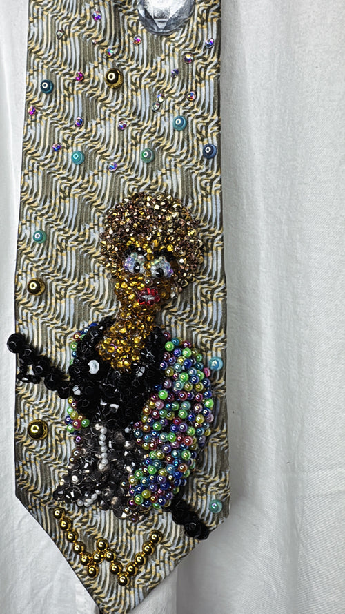 Beige Whitney Houston in Colorful Gem Jacket Posing on Staircase Tie