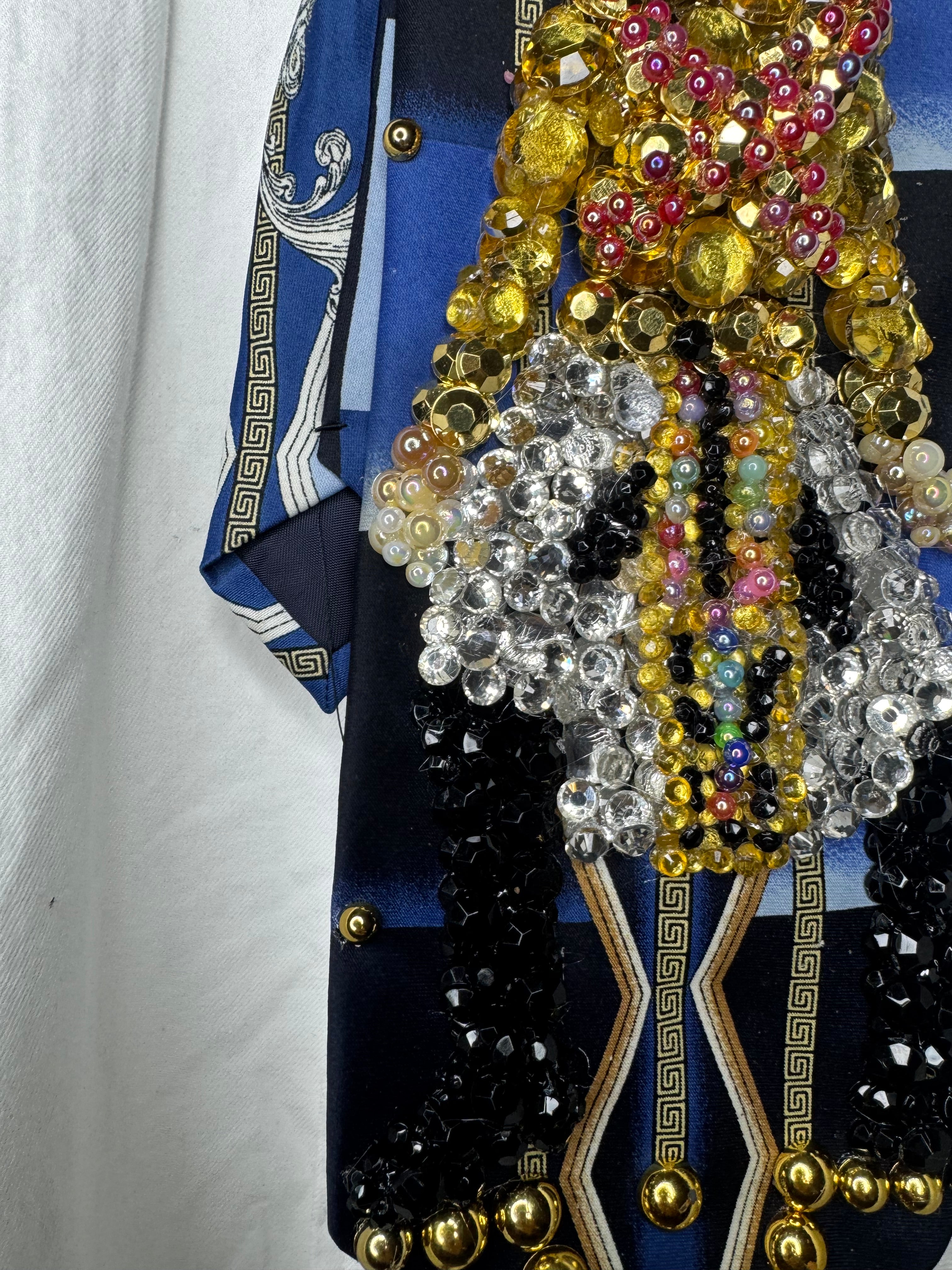 Navy Blue Egyptian Print Michael Jackson Hitting Squat Knee Pose From Remember the Time Music Video Tie