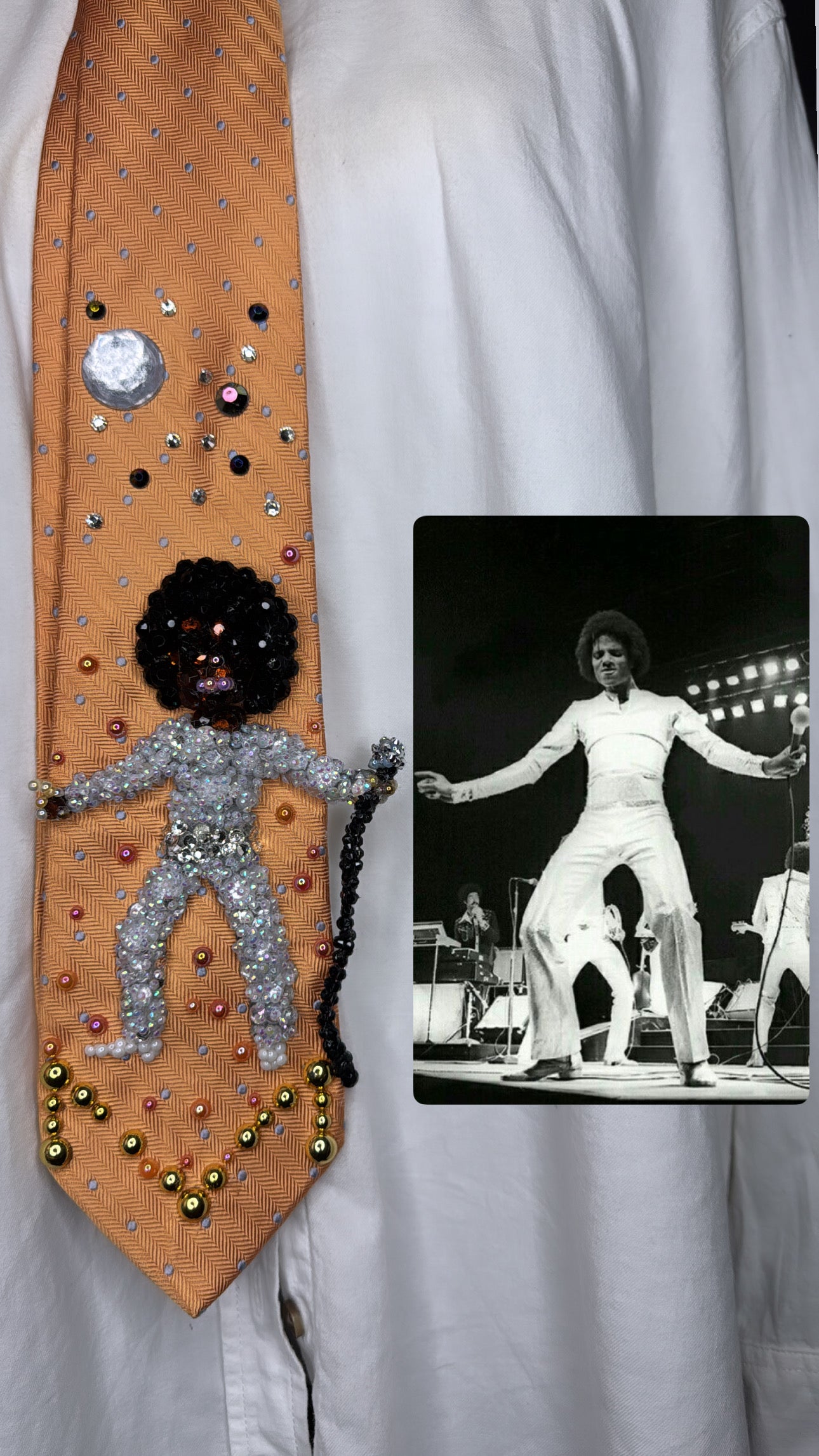 Orange Teen Michael Jackson Hitting Head Shimmy in All White Silver Outfit in London for Destiny Tour 1979 Jacksons Tie