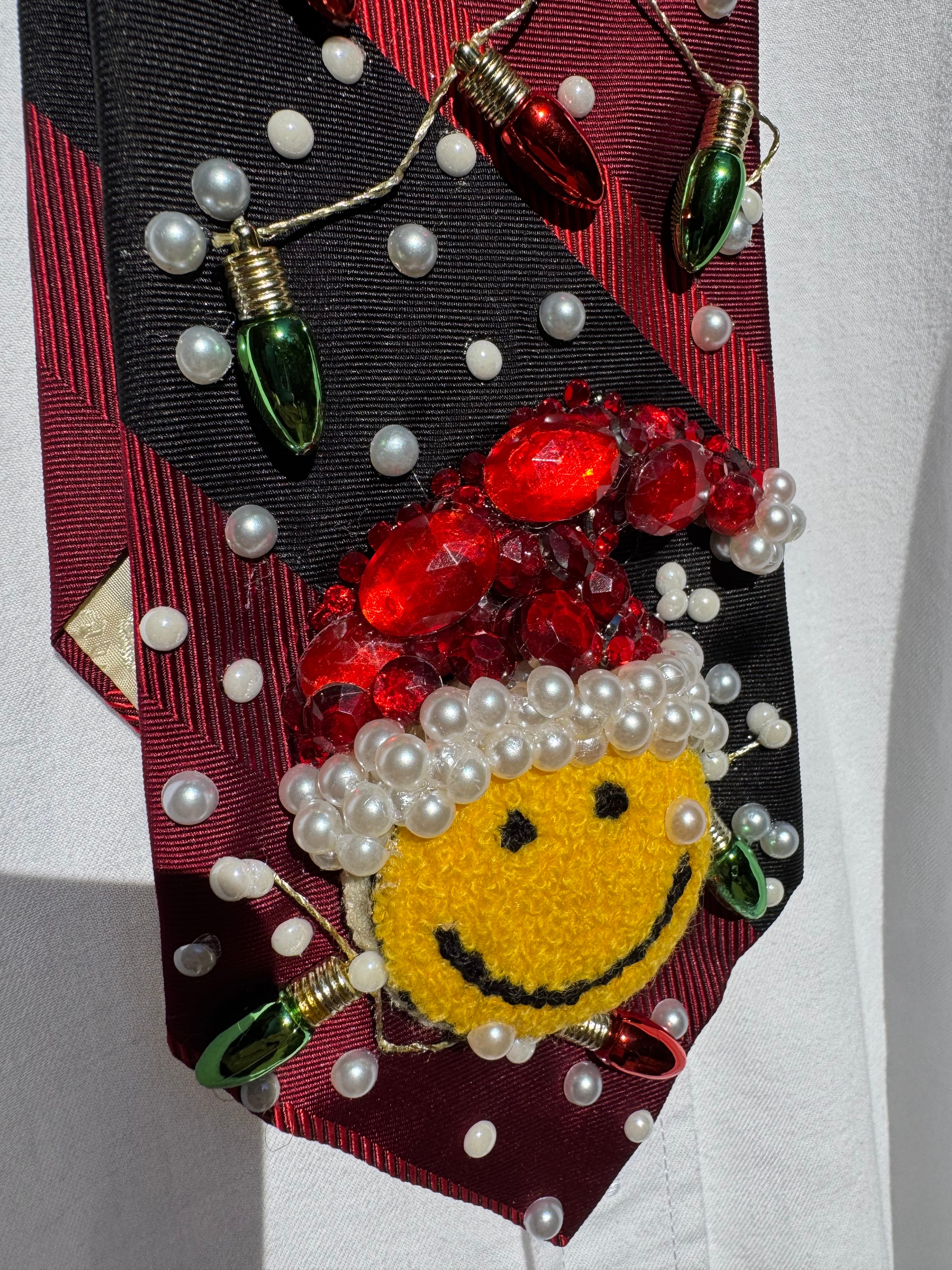 Red and Black Striped Smiley Santa Face Christmas Tie
