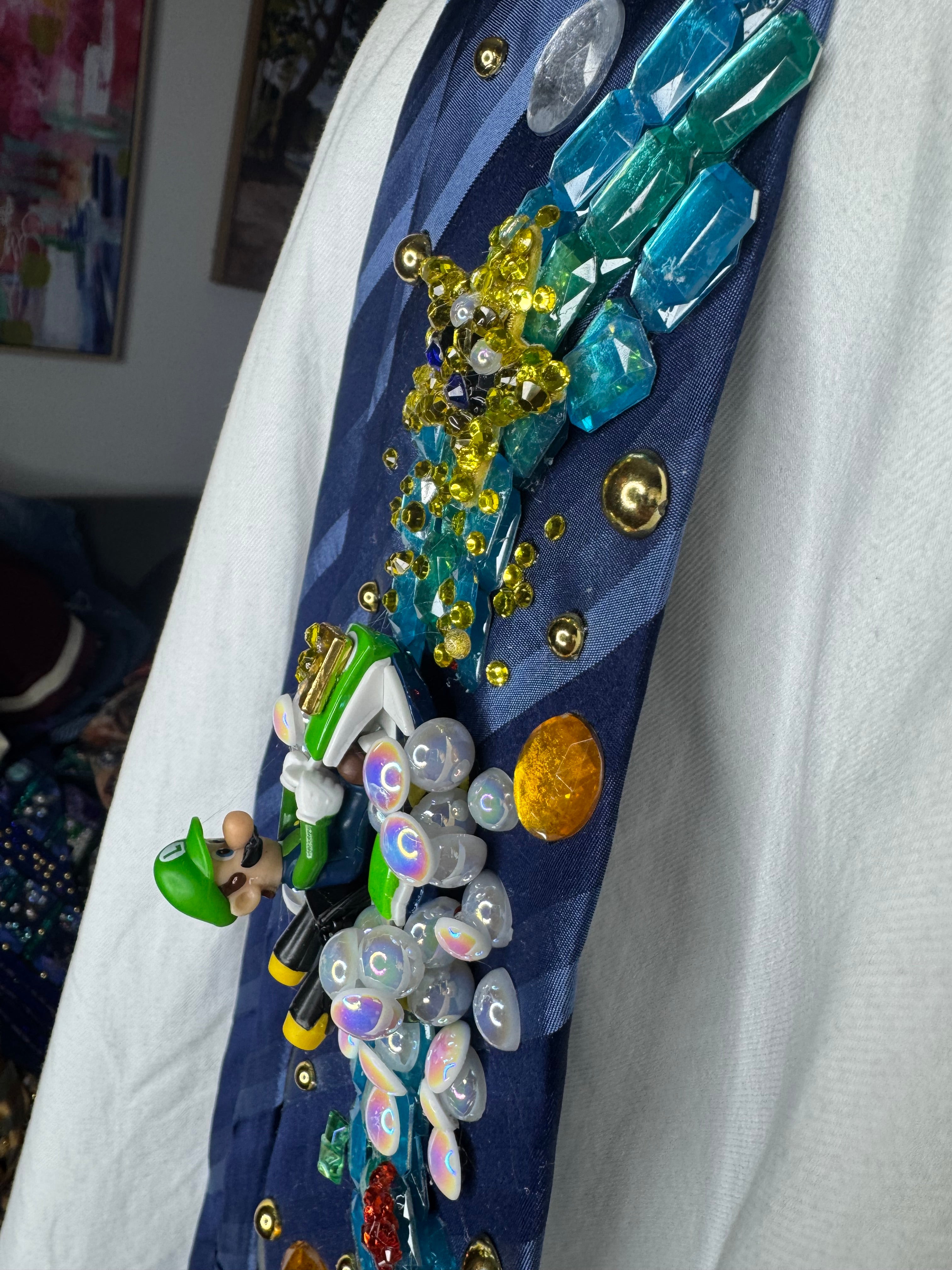 Navy Blue Luigi Chasing Star On Icy Glacier Road 200cc Mario Kart Tie