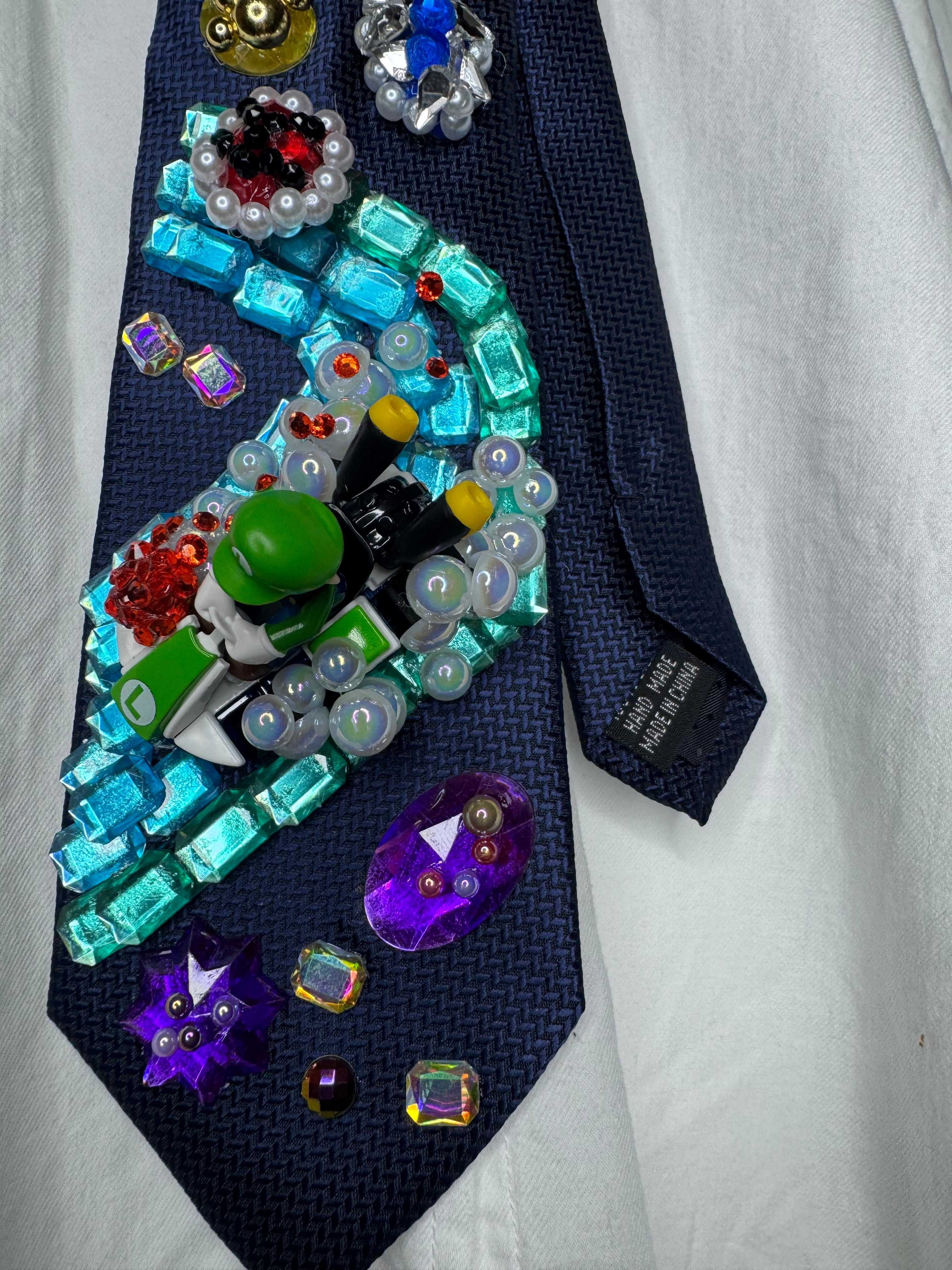 Navy Blue Luigi Dodging Blue and Red Shell On Icy Glacier Road 200cc Mario Kart Tie