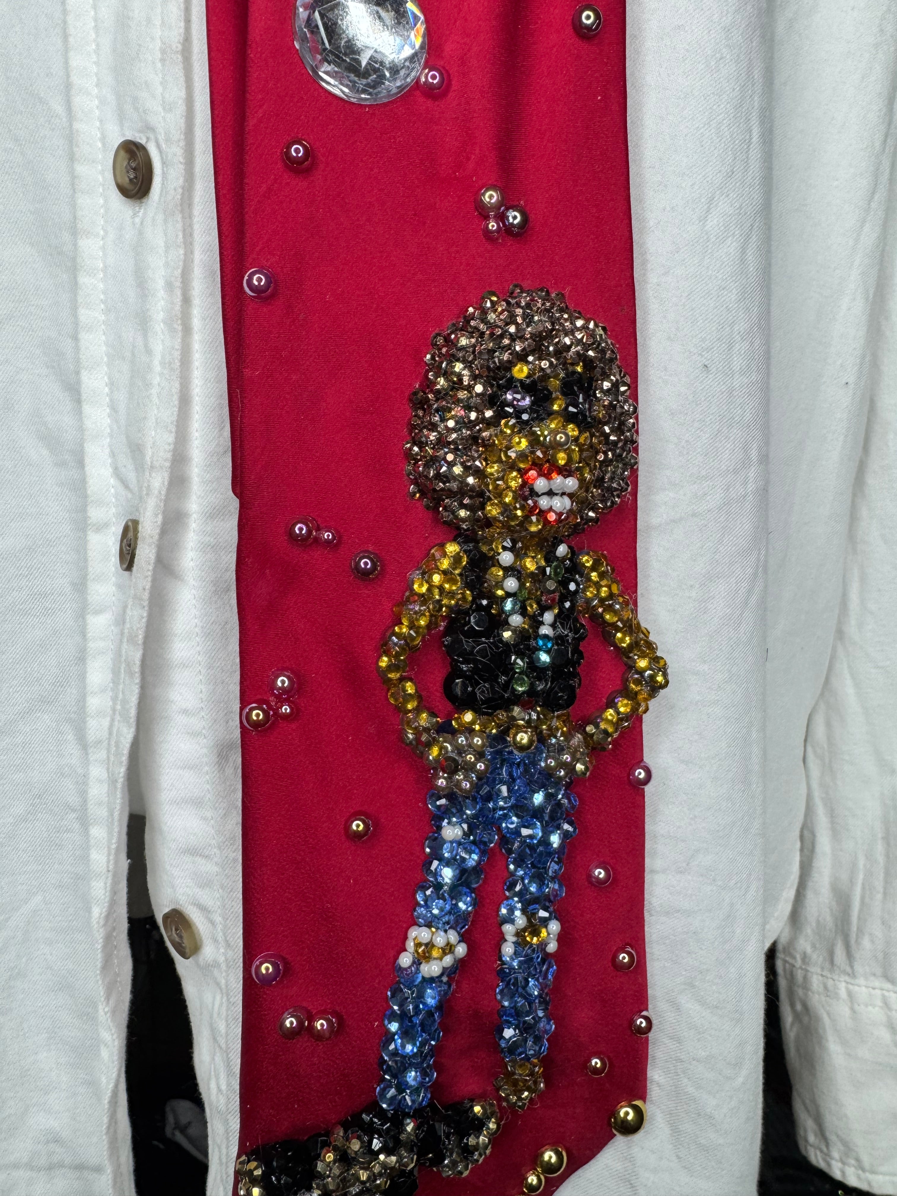 Red silk Whitney Houston with Hands Hip, Smiling with Jacket on Floor Photo shoot Tie