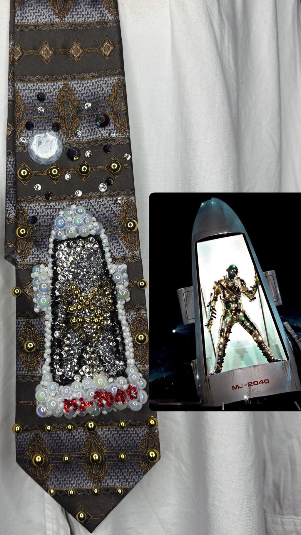 Olive Green and Blue Michael Jackson Chrome Armor MJ-2040 Space Shuttle Intro For HIStory World Tour In Munich 1997 Tie