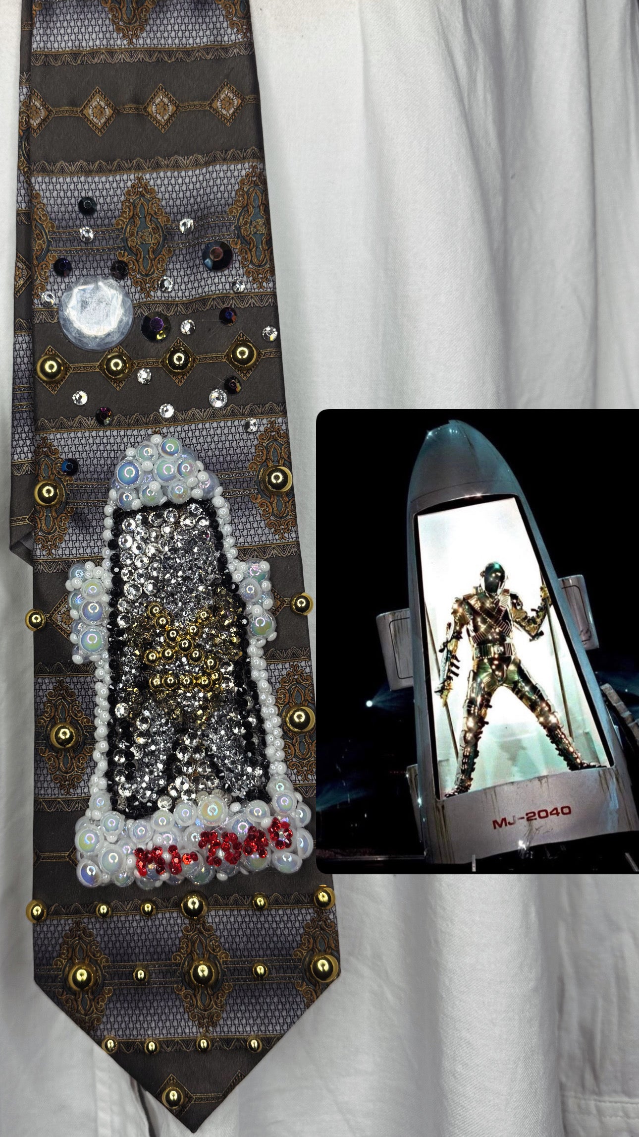Olive Green and Blue Michael Jackson Chrome Armor MJ-2040 Space Shuttle Intro For HIStory World Tour In Munich 1997 Tie