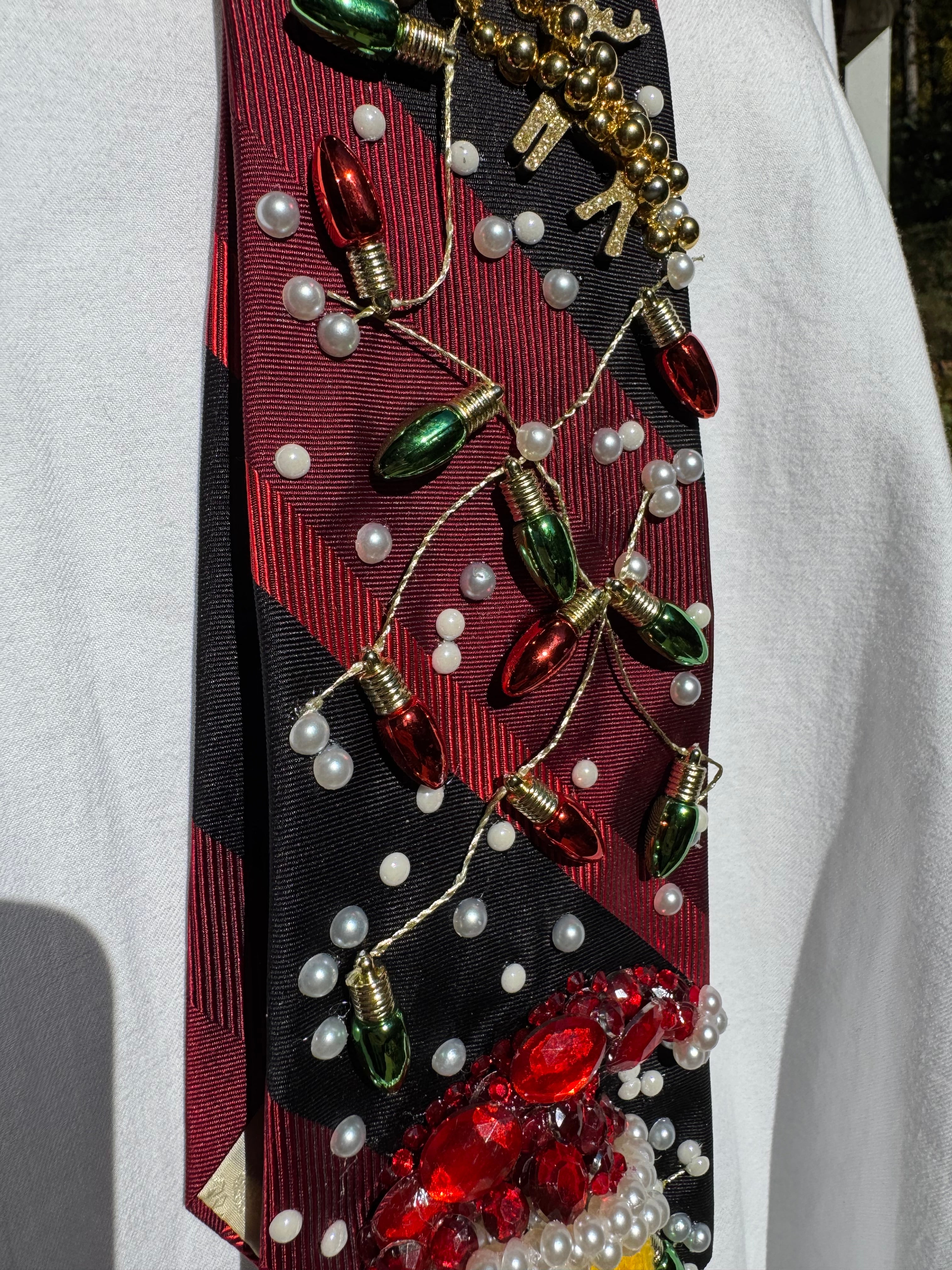 Red and Black Striped Smiley Santa Face Christmas Tie