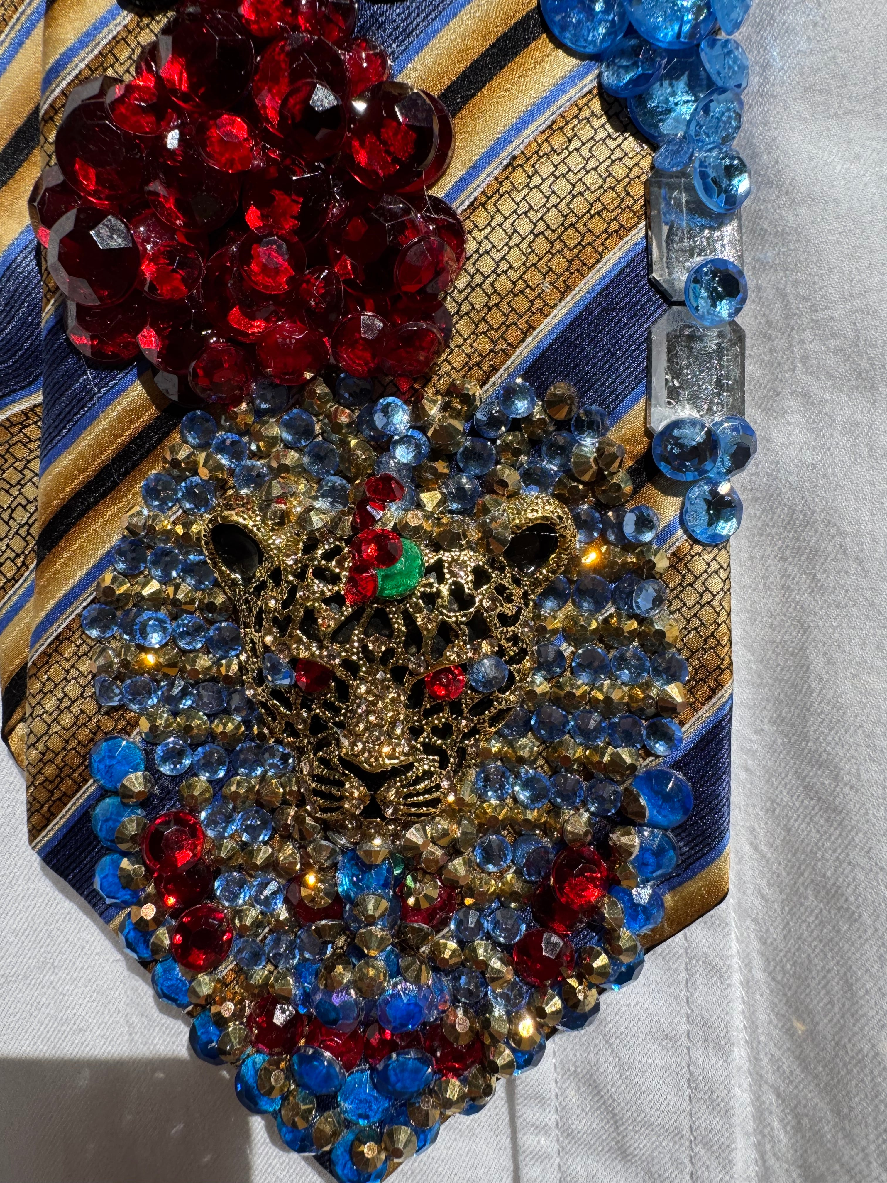 Gold and Blue Egyptian Striped Jaguar Pharaoh Taj Mahal Kingdom Royalty Tie