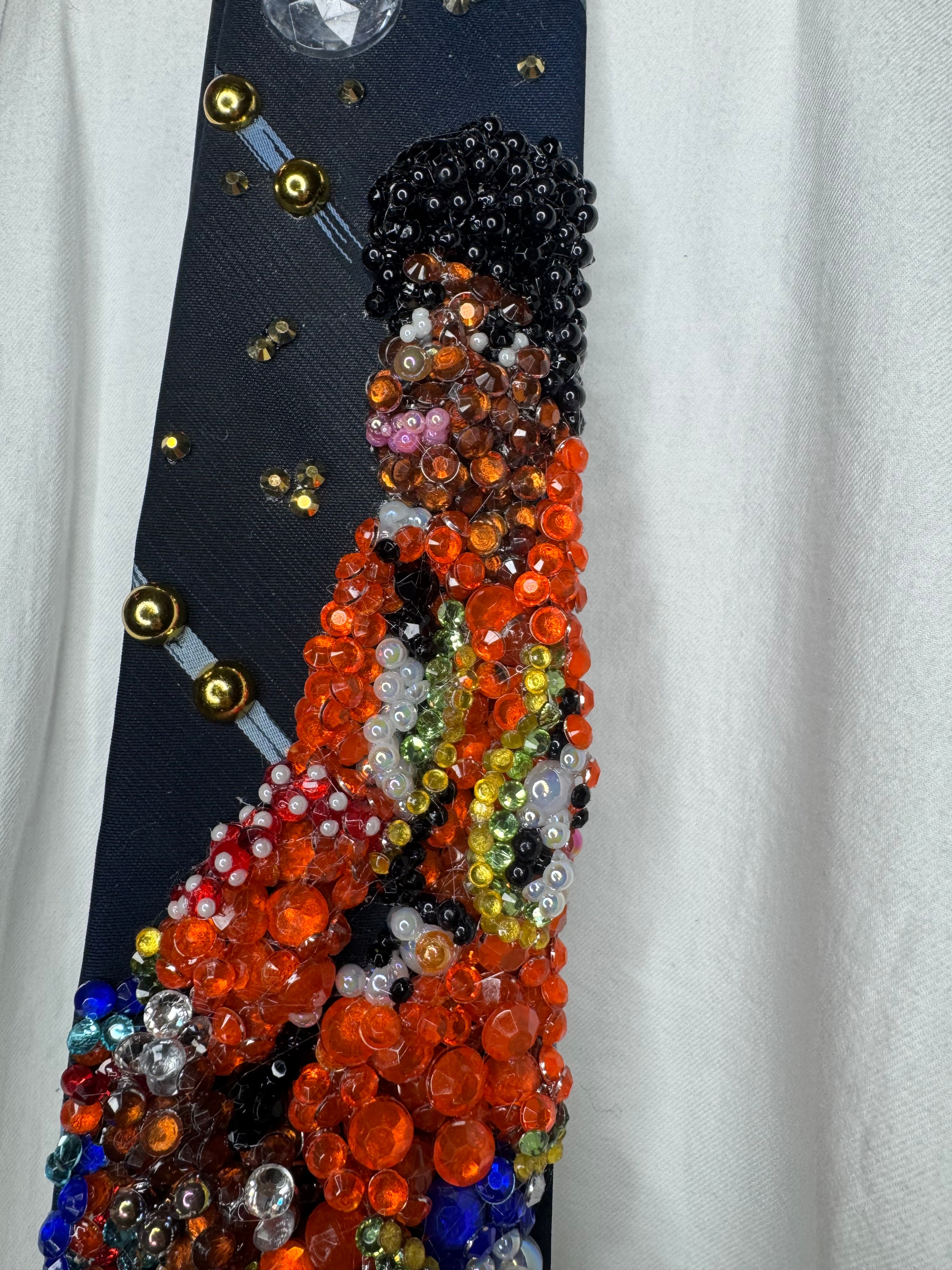 Navy Blue Young Michael Jackson In Orange and Floral Vest Outfit on White Chair 1972 Tie