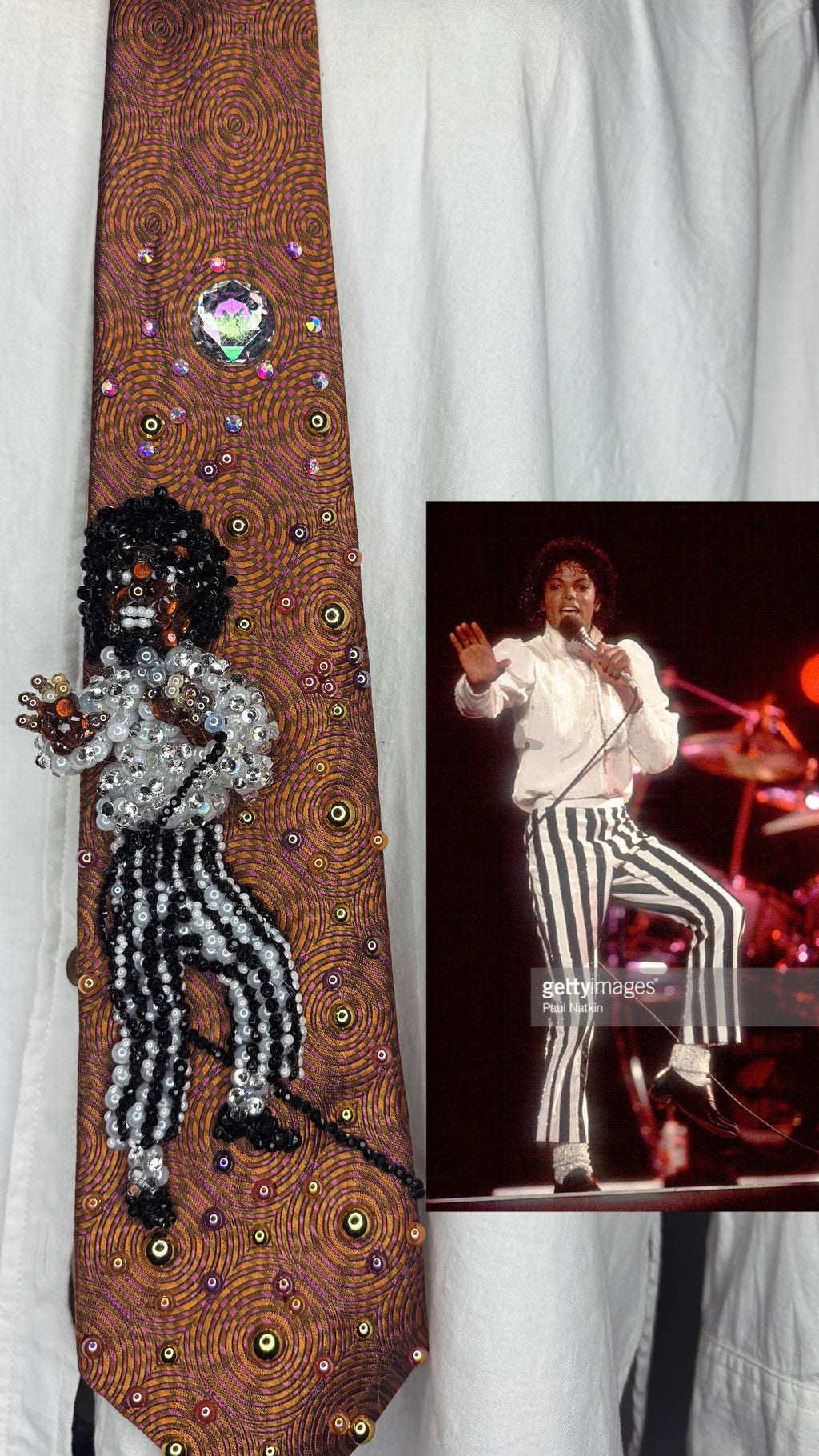 Orange Michael Jackson Striped Pants Reaching Out While Singing Pose Victory Tour 1984 Tie