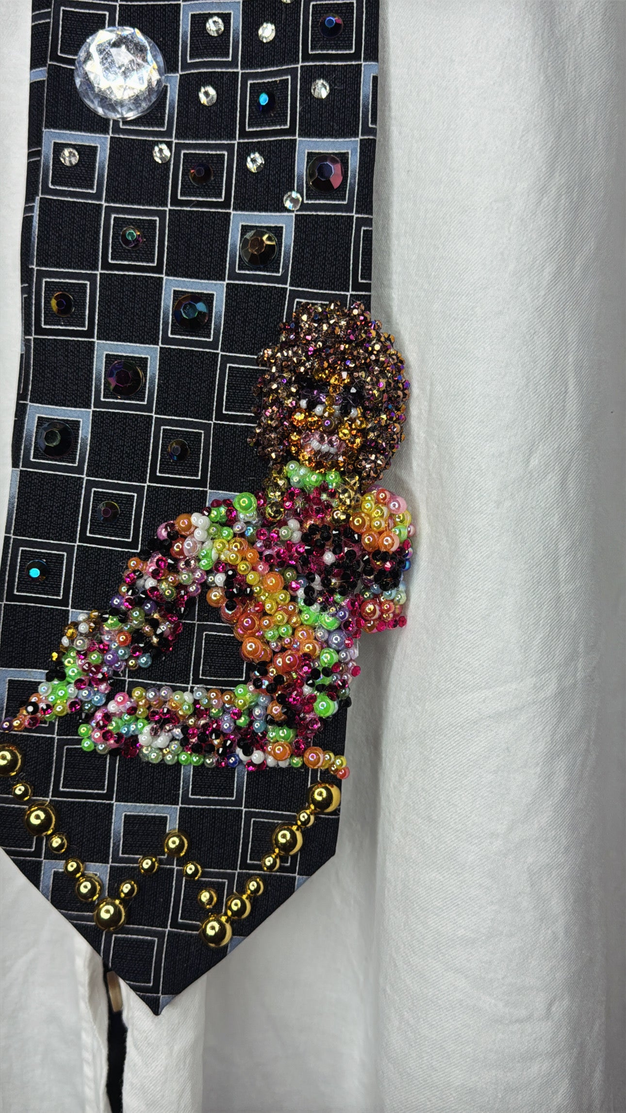 Black Checkered Whitney Houston in Colorful Marble Turtleneck Dress Posing on Floor Photoshoot Tie